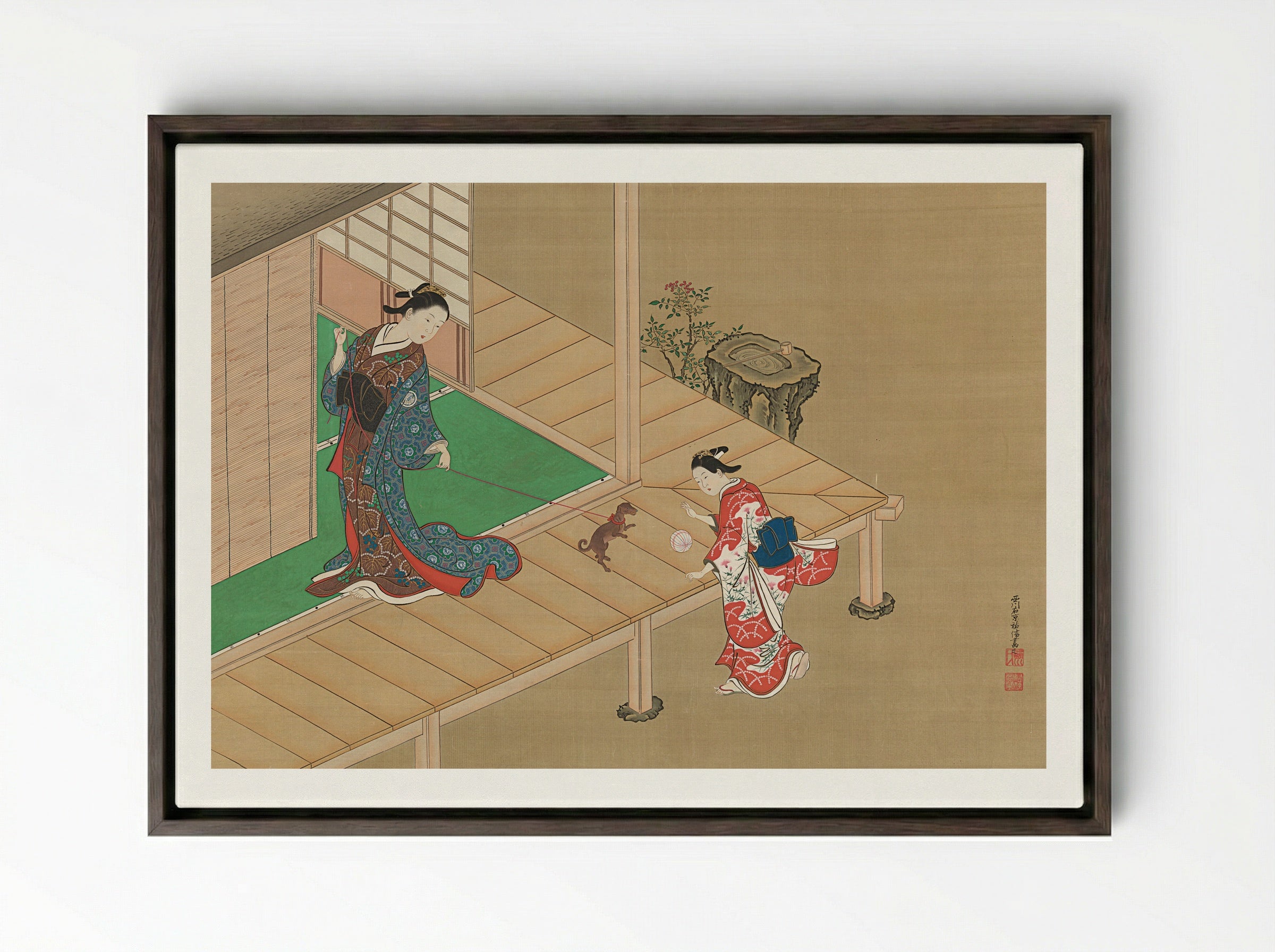Lady Playing with a Dog on a Veranda - Nishikawa Sukenobu - Framed Canvas Dark Wood