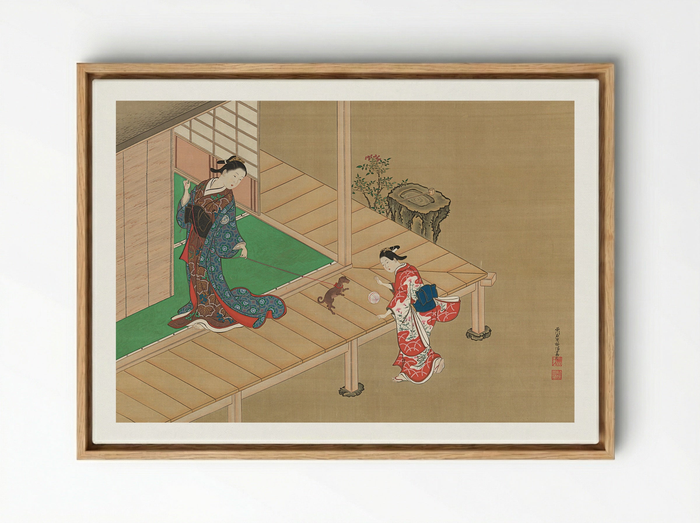 Lady Playing with a Dog on a Veranda - Nishikawa Sukenobu - Framed Canvas Wood