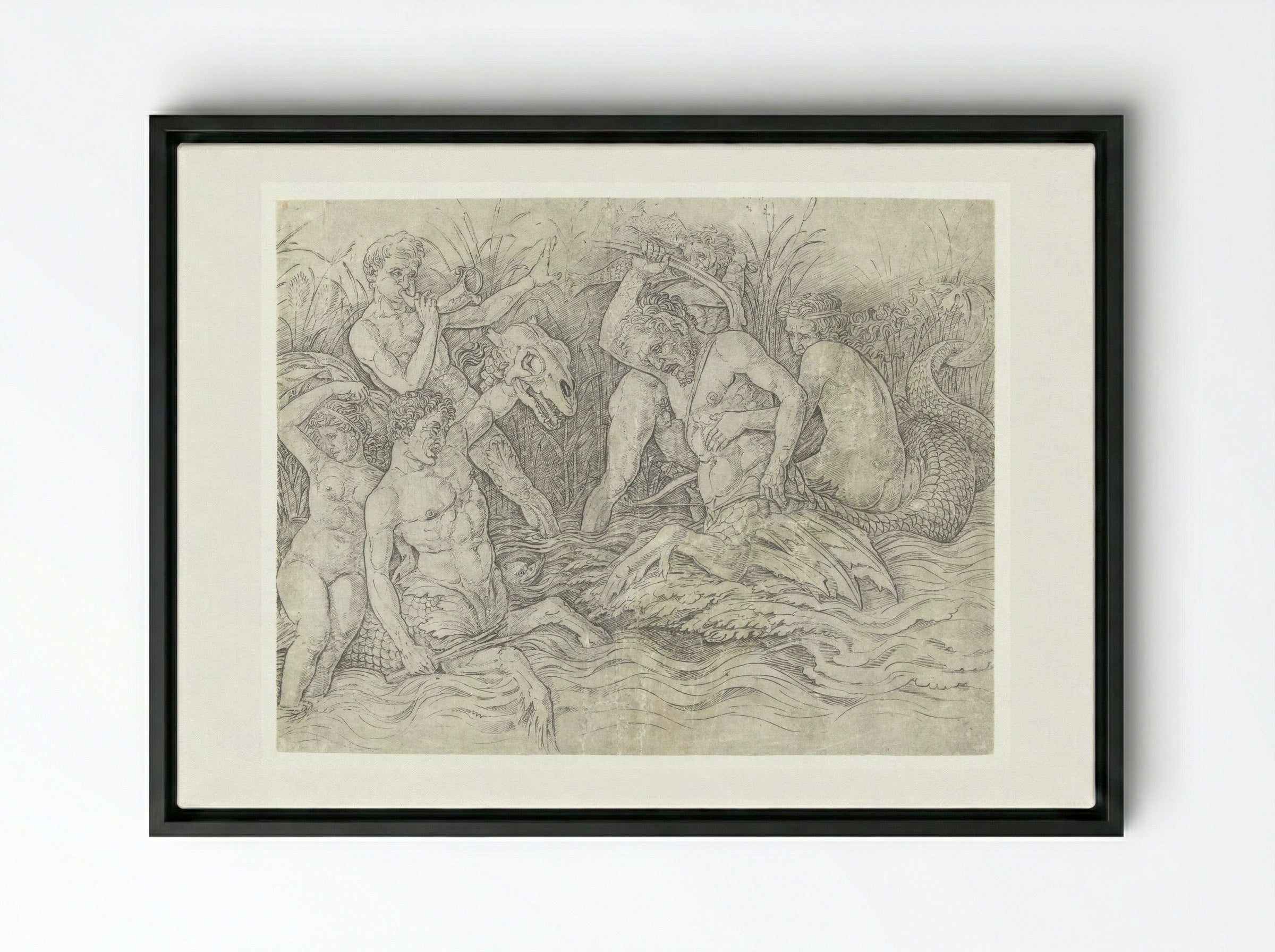 Gevecht tussen tritons met nereïden op hun rug - Andrea Mantegna - Framed Canvas Black