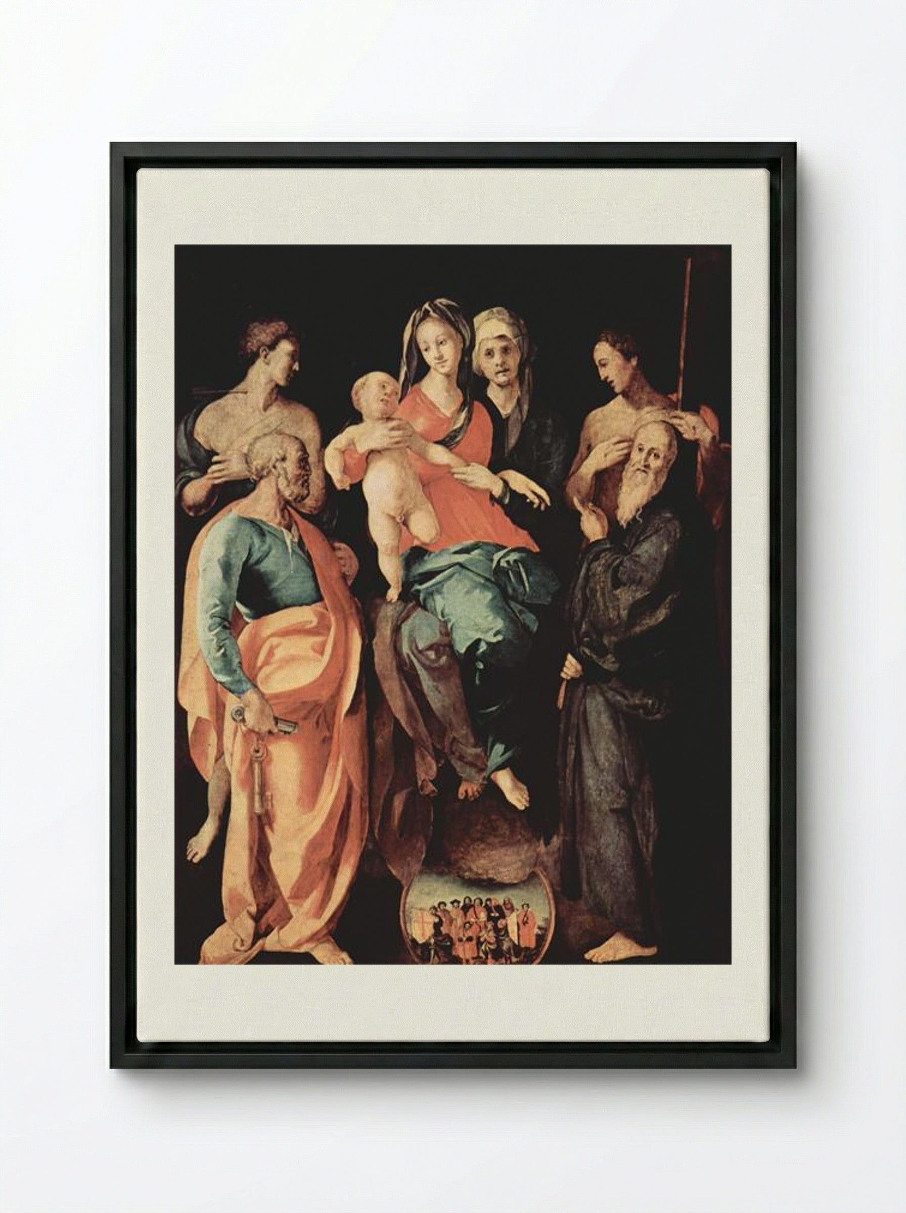 Madonna with St. Anne, St. Sebastian, St. Peter, St. Benedict and St. Filippus - Jacopo Pontormo - Framed Canvas Black