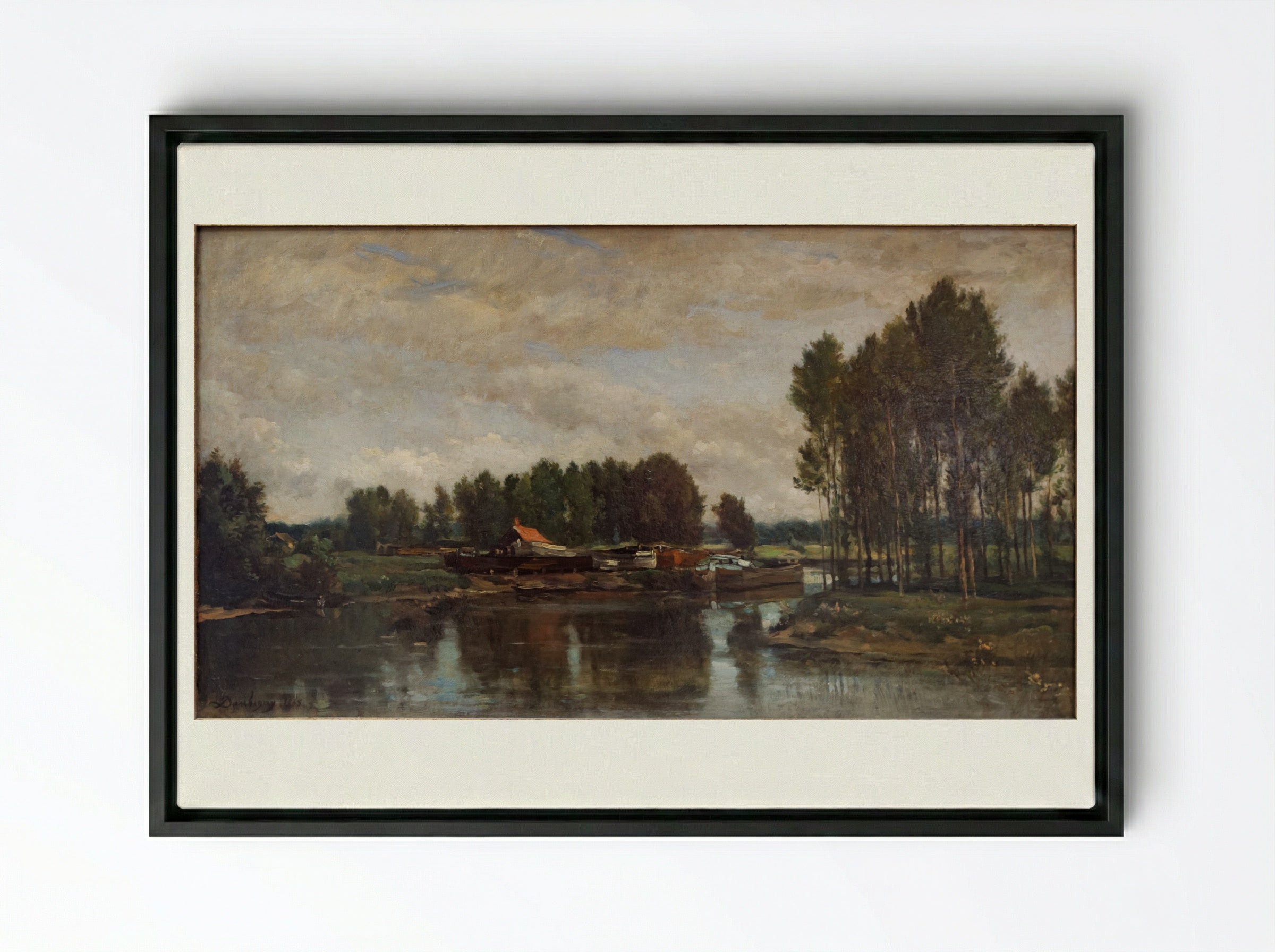 Boats on the Oise - Charles-Francois Daubigny - Framed Canvas Black