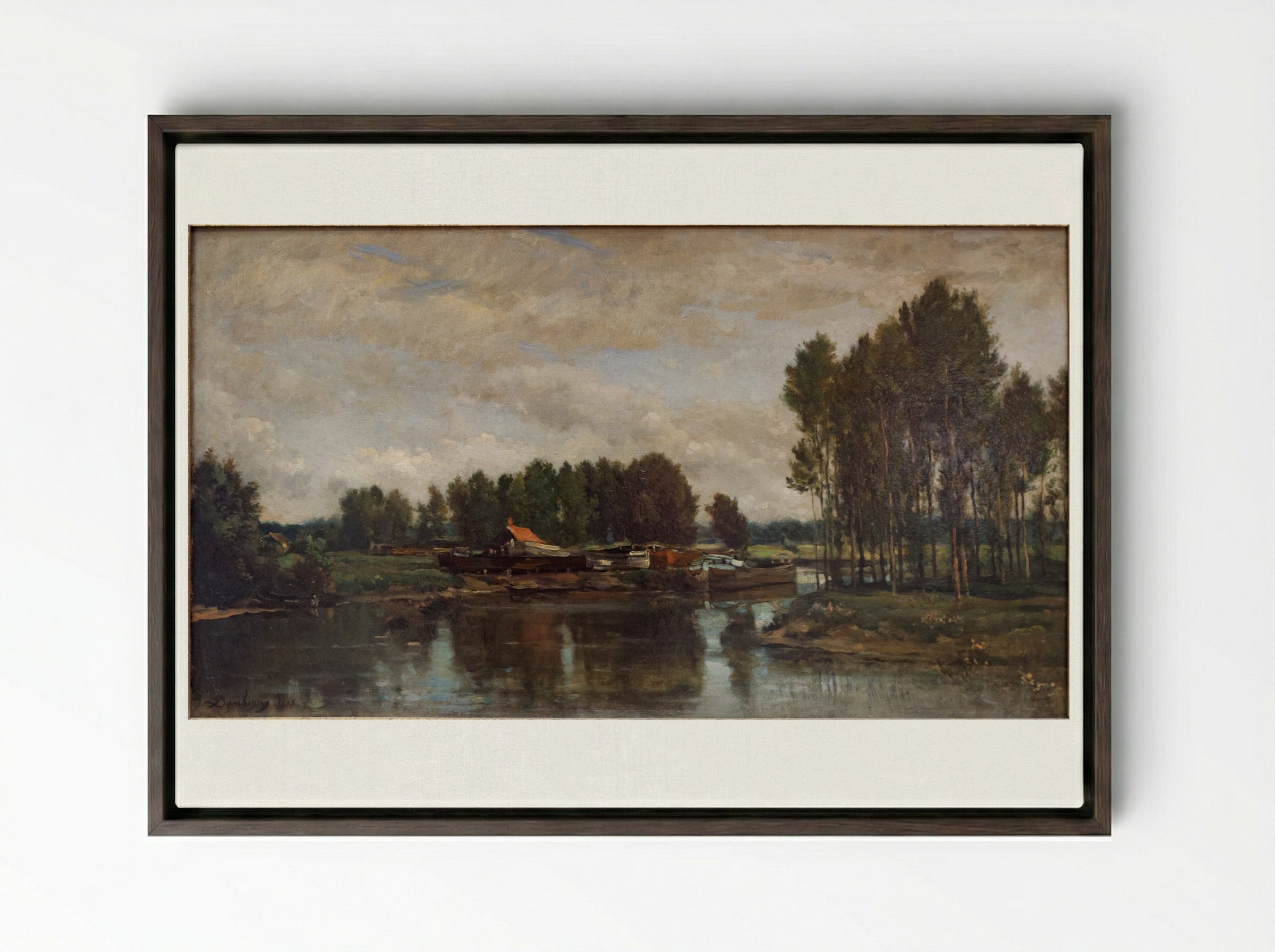 Boats on the Oise - Charles-Francois Daubigny - Framed Canvas Dark Wood