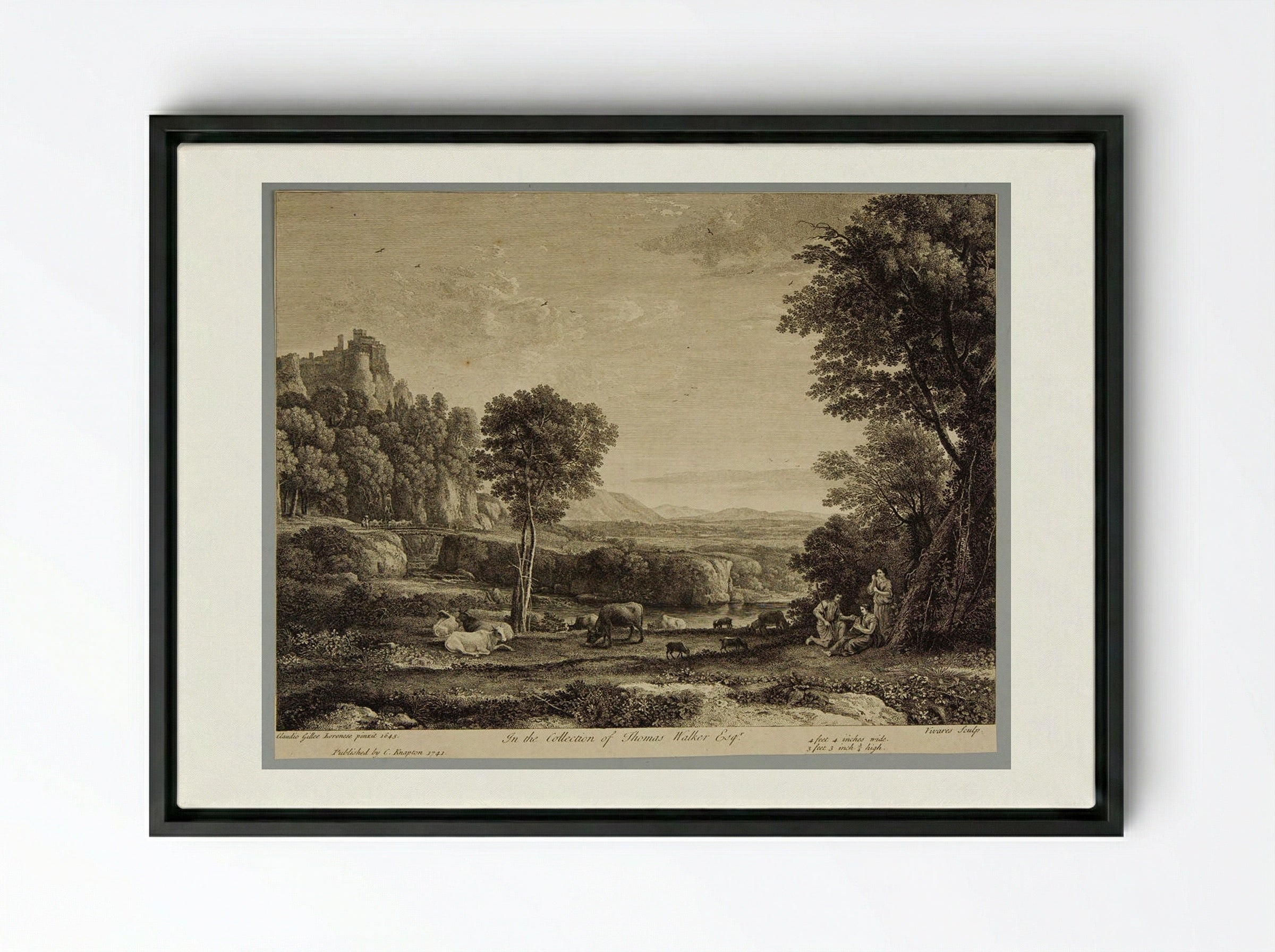 Herdsman Instructing a Shepherdess to Play on the Pipe - François Vivares - Framed Canvas Black
