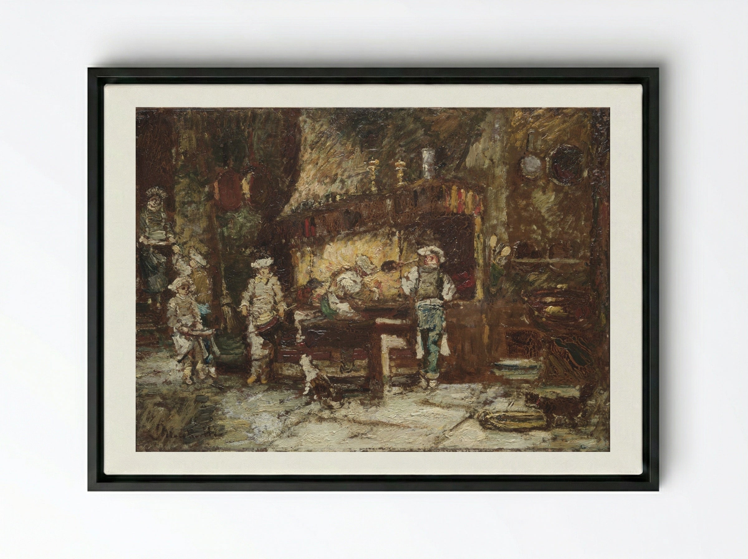 The Kitchen of the Rôtisserie des Deux Paons - Adolphe Monticelli - Framed Canvas Black