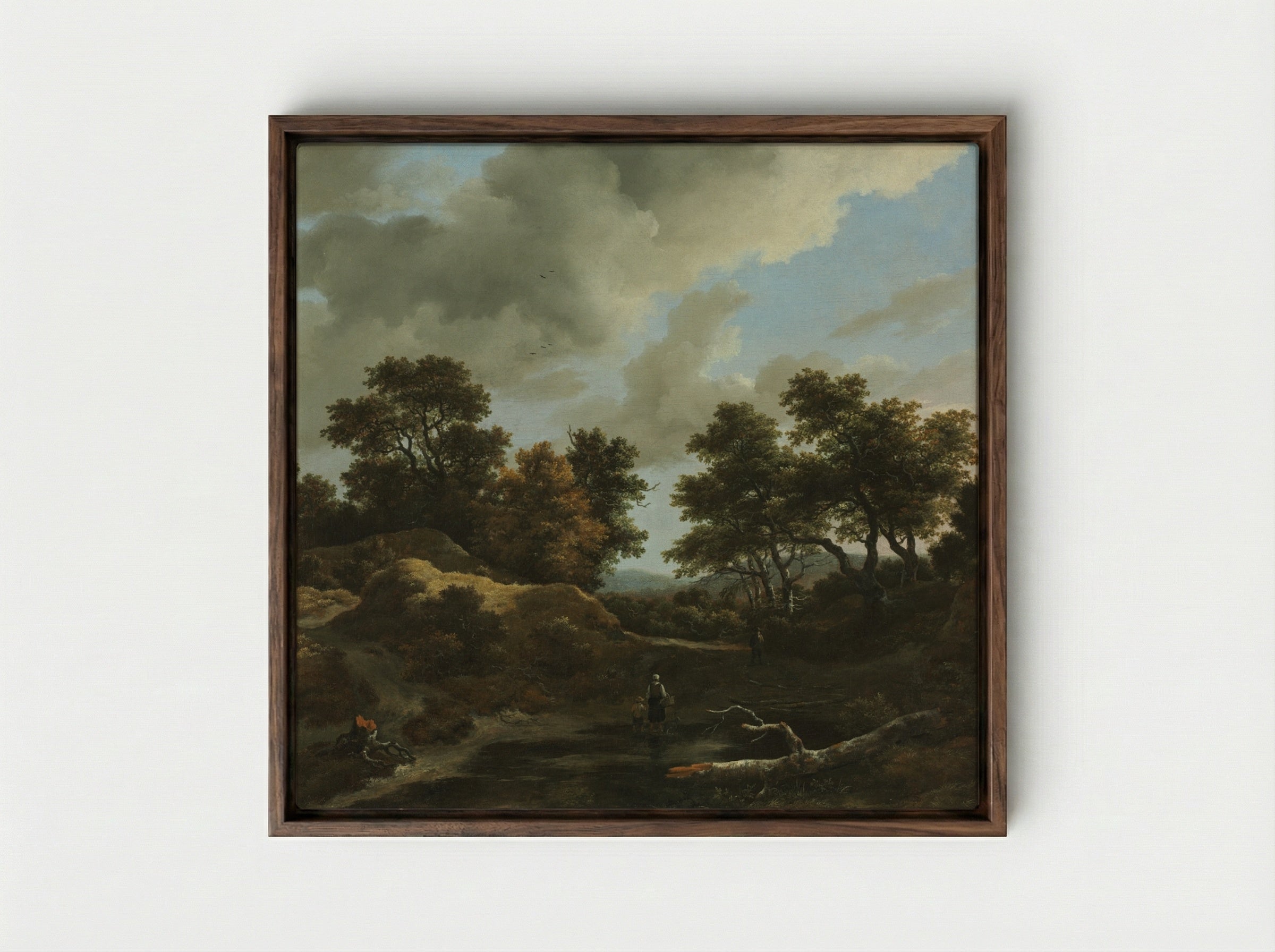 Wooded and Hilly Landscape - Jacob van Ruisdael - Framed Canvas Dark Wood
