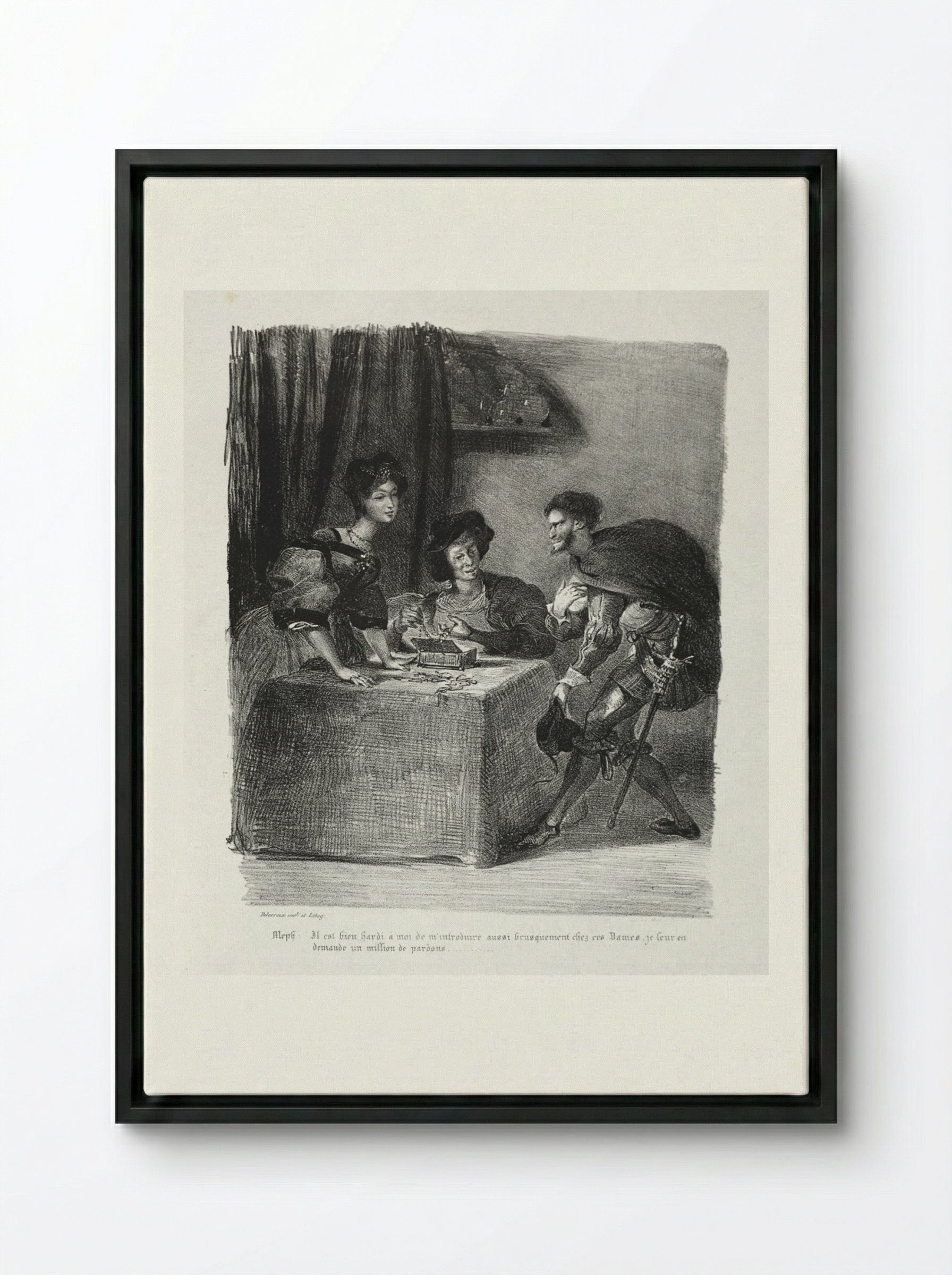 Illustrations for Faust: Méphistophélès is at Marthe - Eugène Delacroix - Framed Canvas Black
