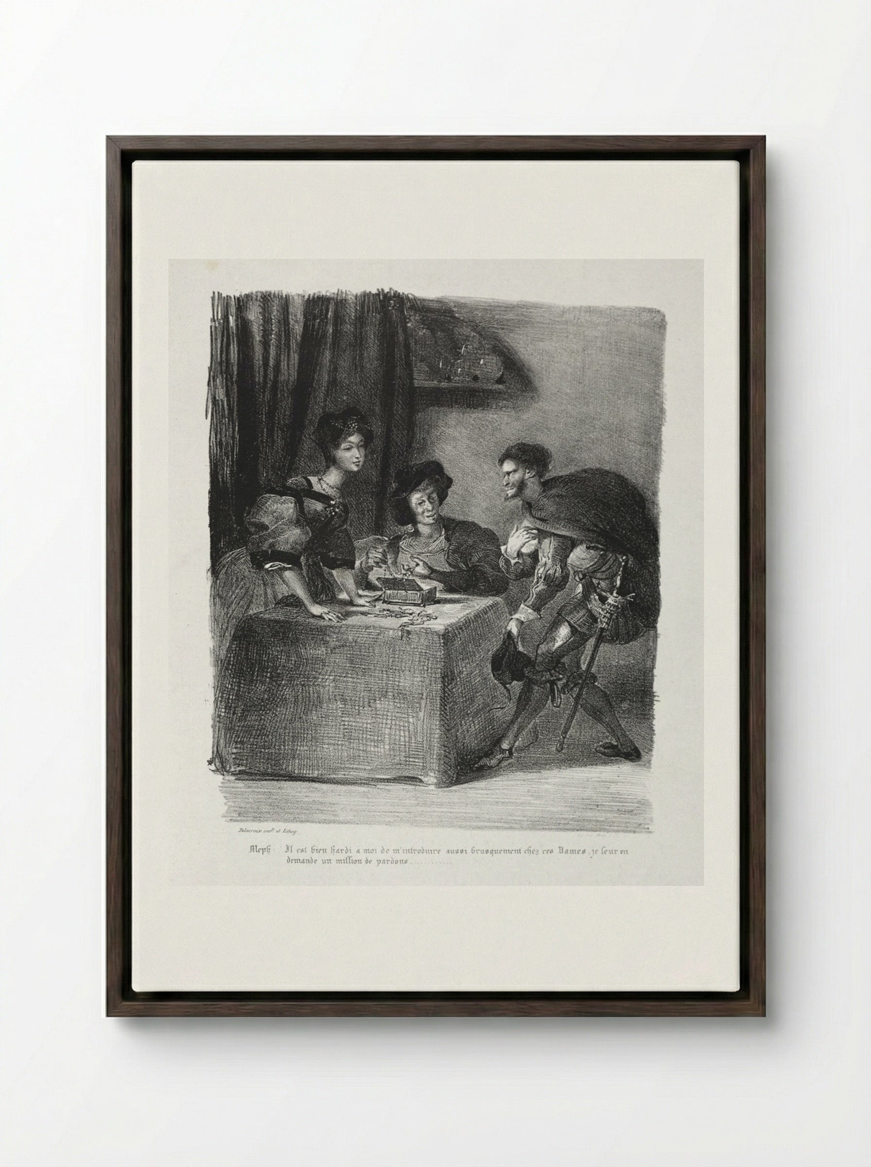 Illustrations for Faust: Méphistophélès is at Marthe - Eugène Delacroix - Framed Canvas Dark Wood