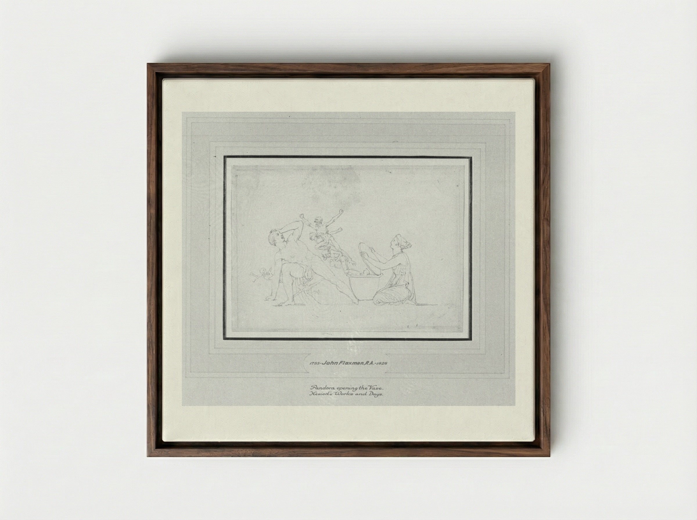 Pandora Opening the Vase (Hesiod, Works and Days) - John Flaxman - Framed Canvas Dark Wood