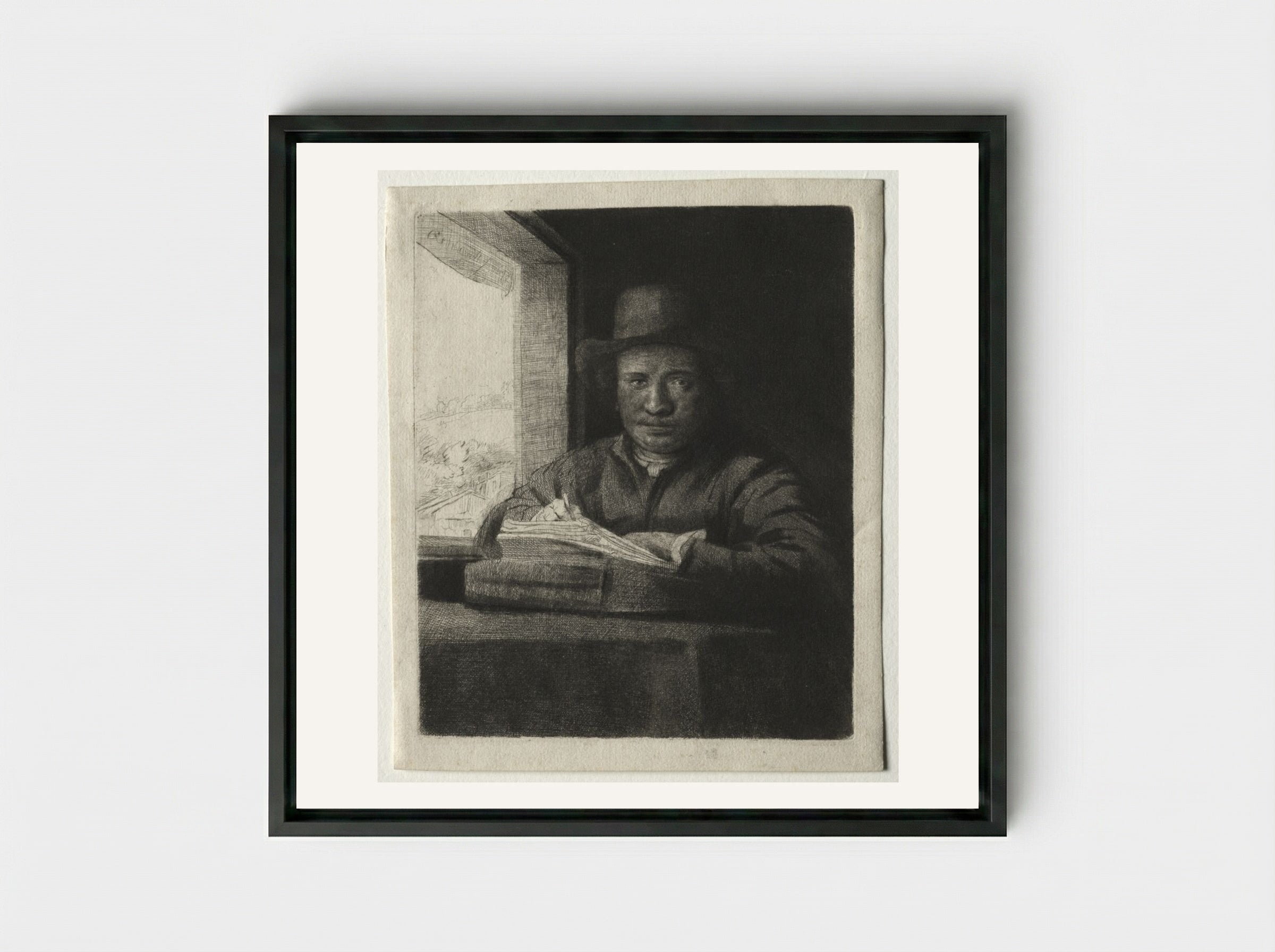 Self-Portrait Drawing at a Window - Rembrandt van Rijn - Framed Canvas Black