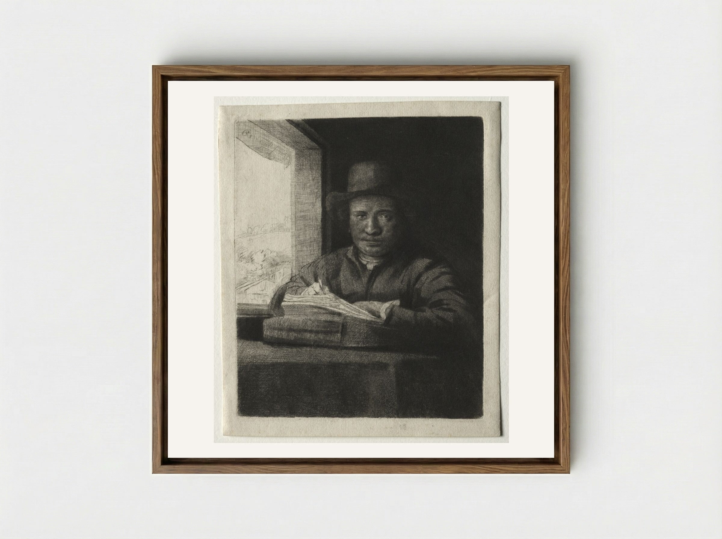 Self-Portrait Drawing at a Window - Rembrandt van Rijn - Framed Canvas Wood