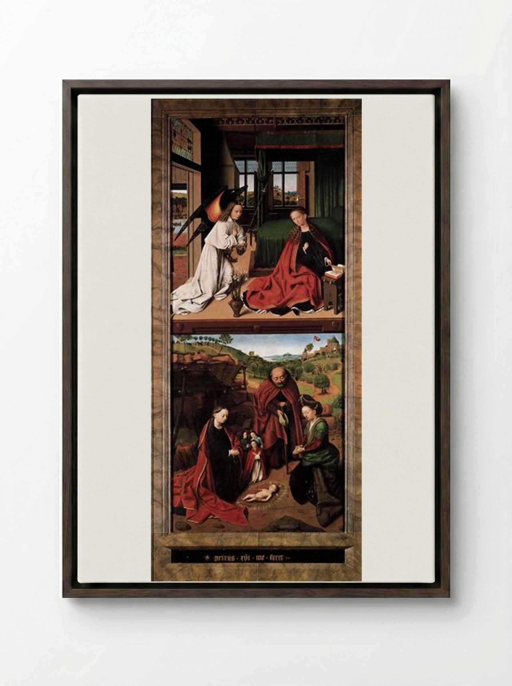 Annunciation and Nativity - Petrus Christus - Framed Canvas Dark Wood