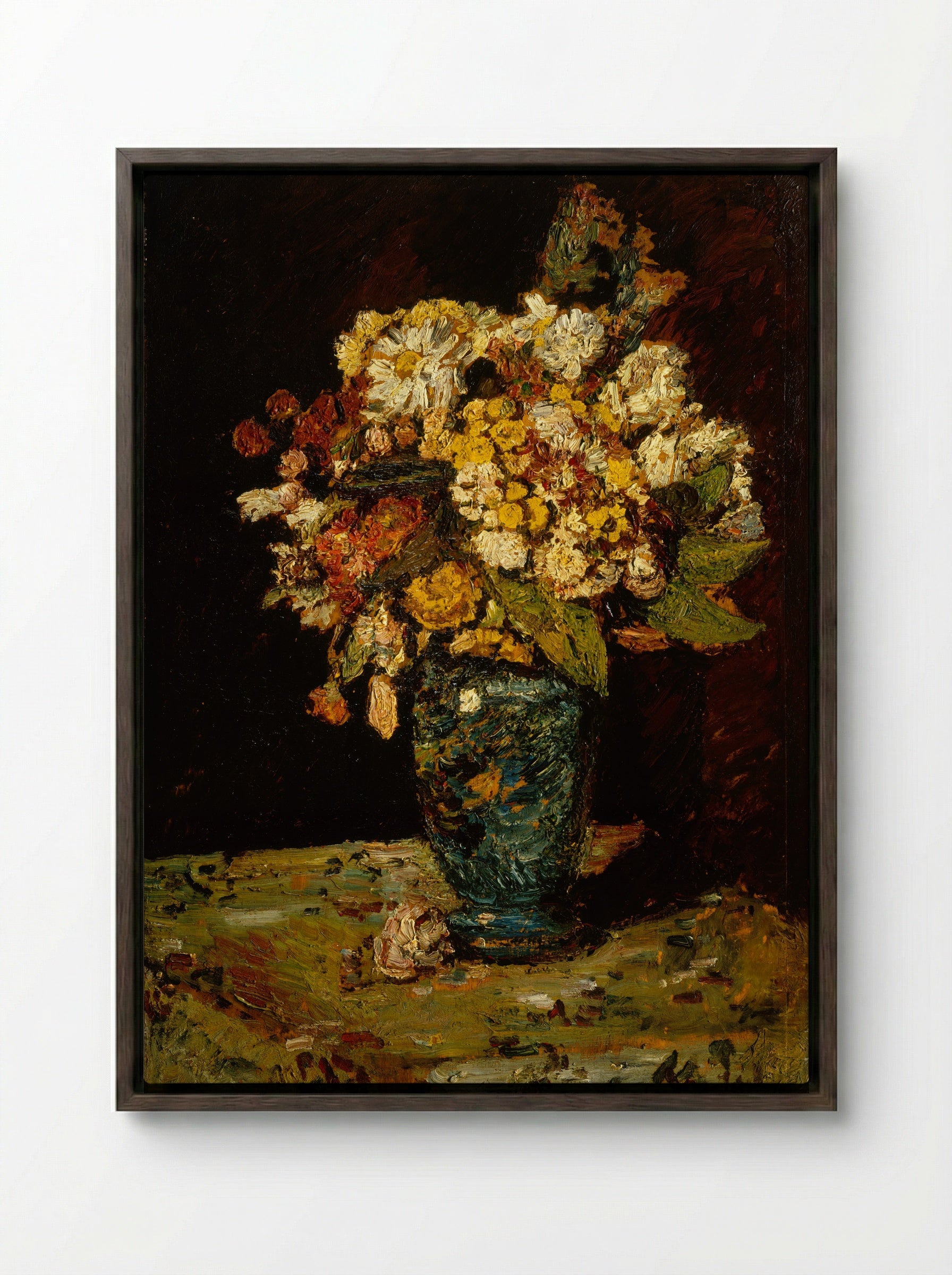 Flowers in a Blue Vase - Adolphe Monticelli - Framed Canvas Dark Wood