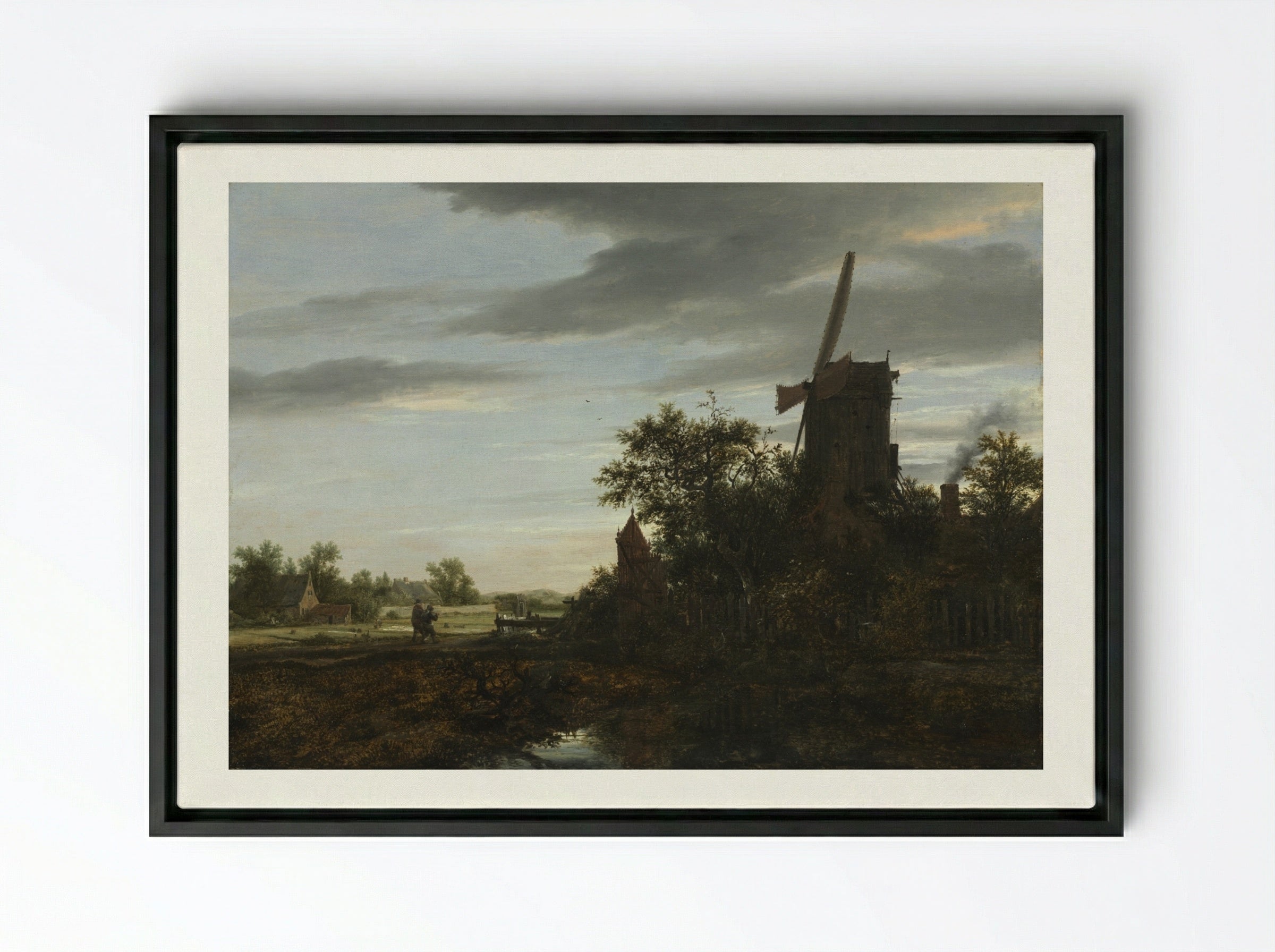 Landscape with a Windmill - Jacob van Ruisdael - Framed Canvas Black