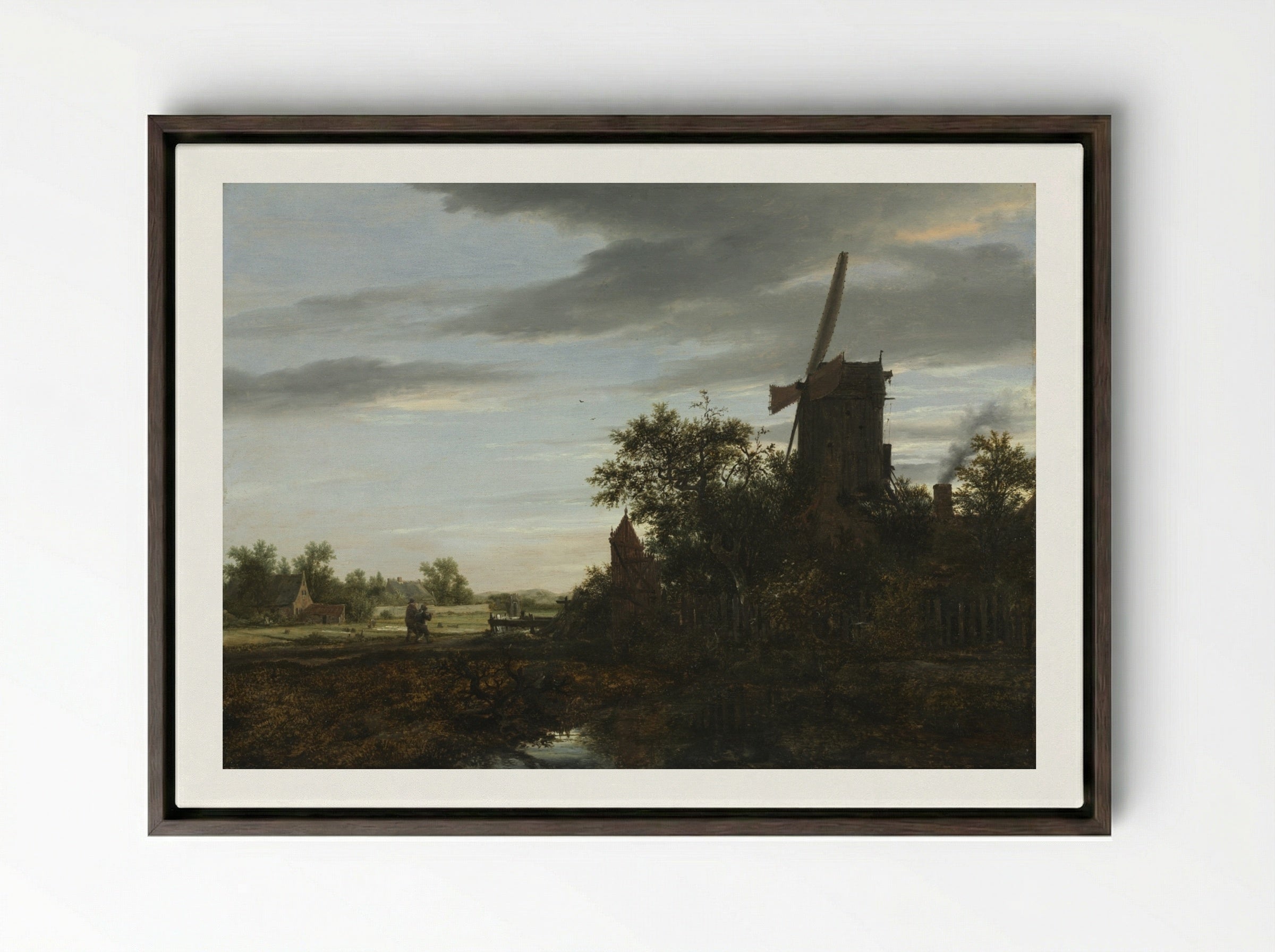 Landscape with a Windmill - Jacob van Ruisdael - Framed Canvas Dark Wood