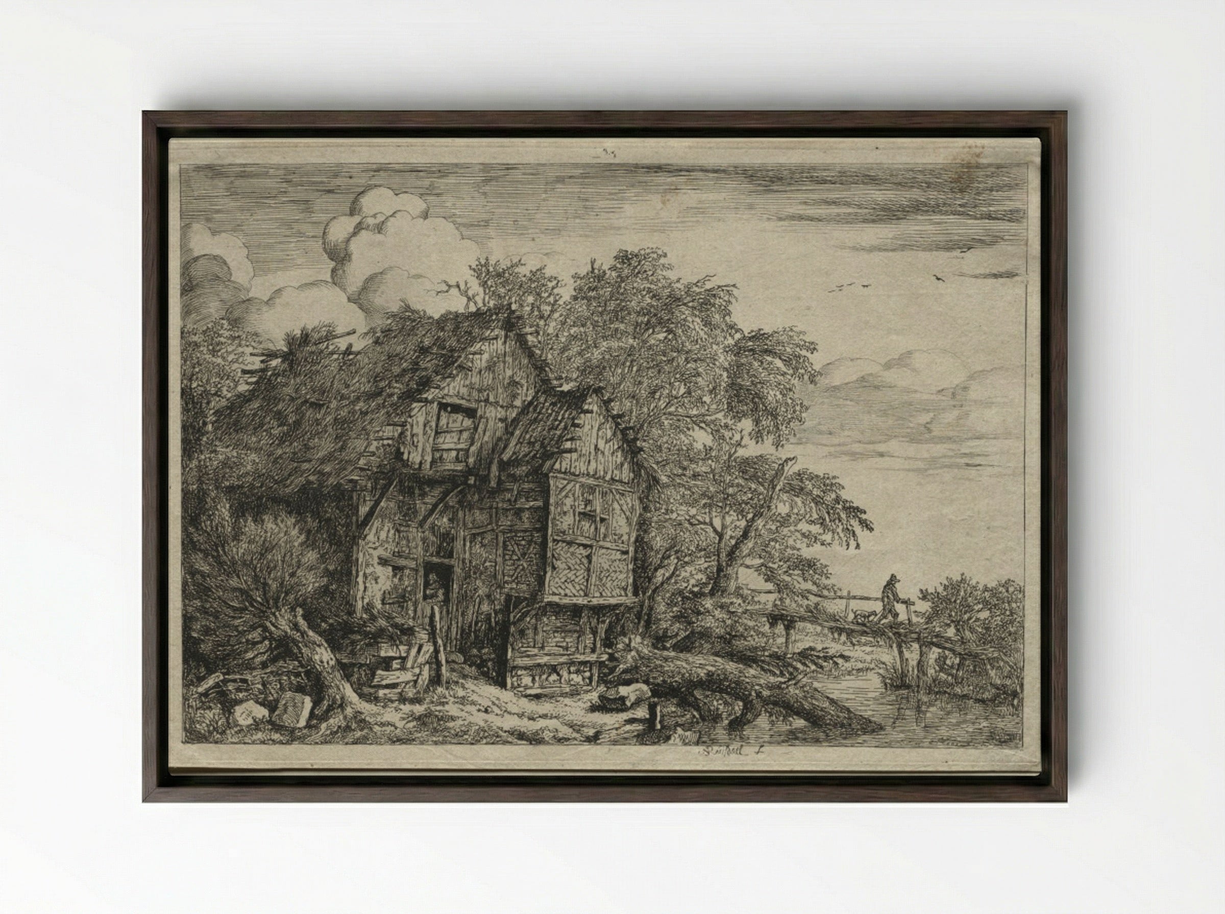 The Little Bridge - Jacob van Ruisdael - Framed Canvas Dark Wood