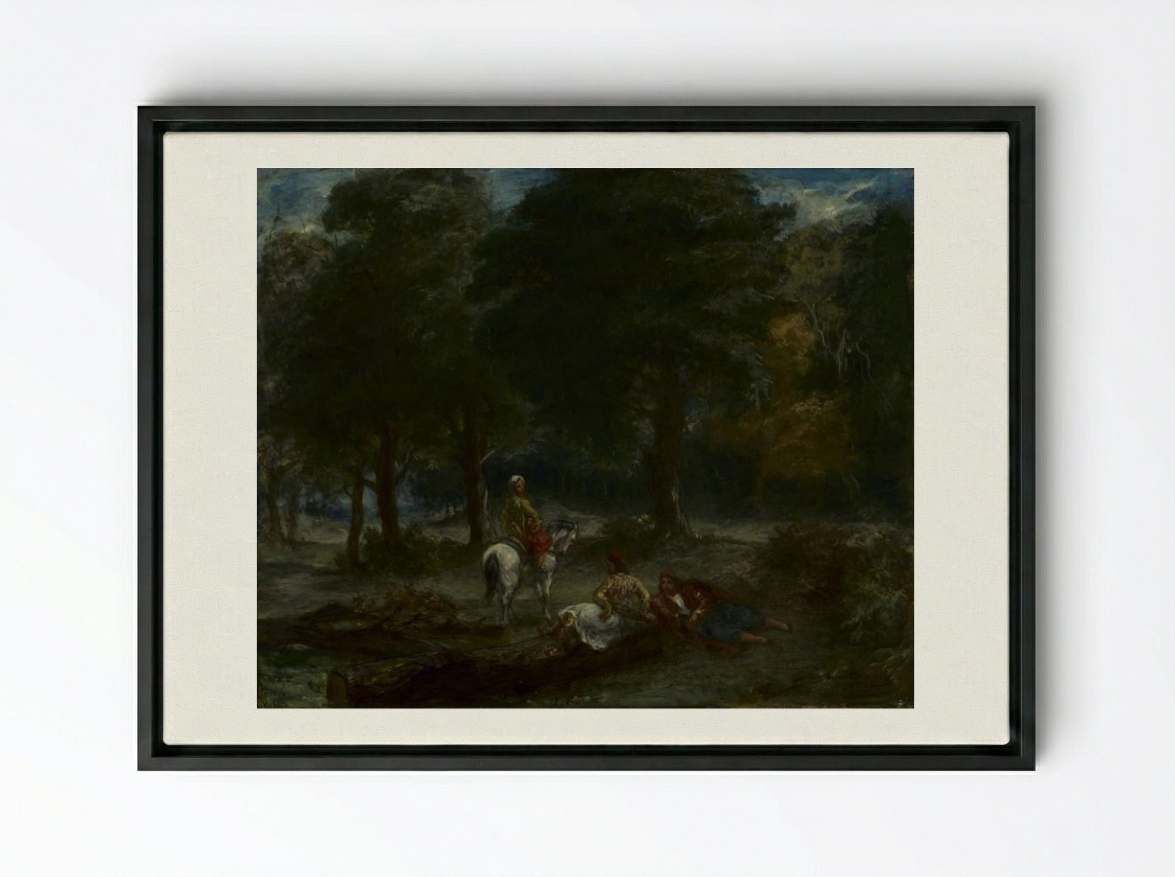 Greek Cavalry Men Resting in Forest - Eugène Delacroix - Framed Canvas Black