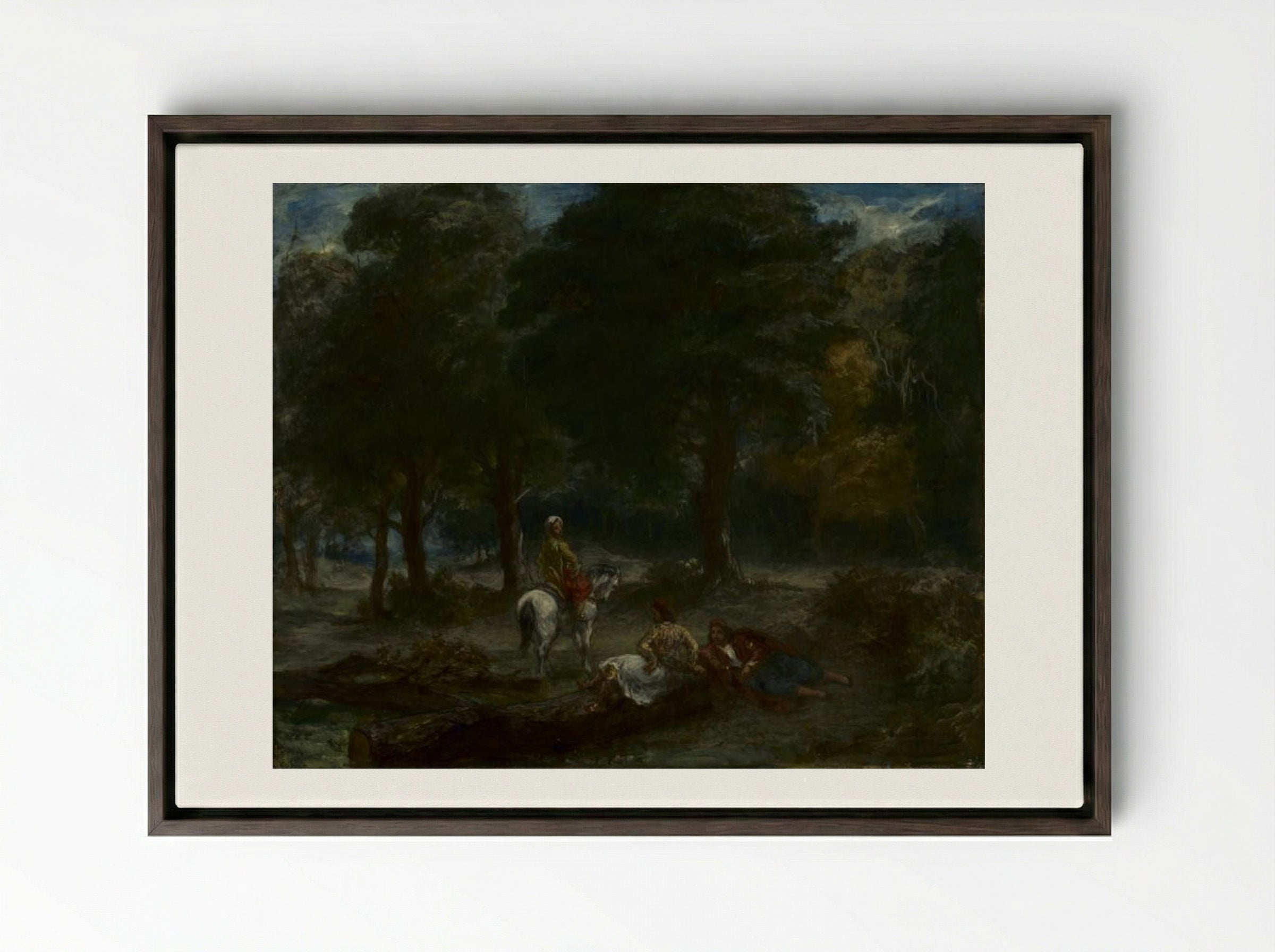 Greek Cavalry Men Resting in Forest - Eugène Delacroix - Framed Canvas Dark Wood
