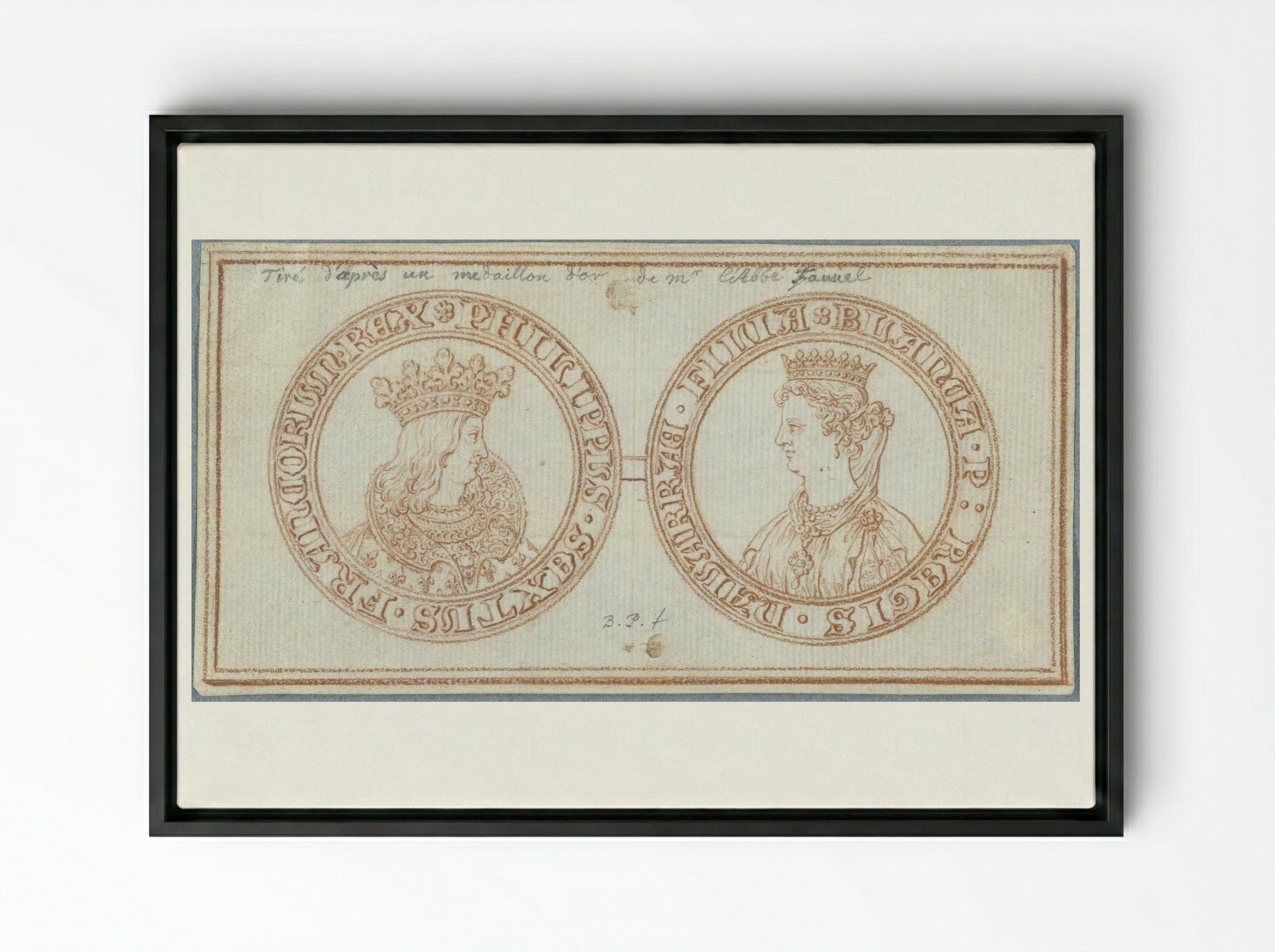Obverse and Reverse of a Medal with Portraits of Philip VI and Blanche of Navarre - Bernard Picart - Framed Canvas Black