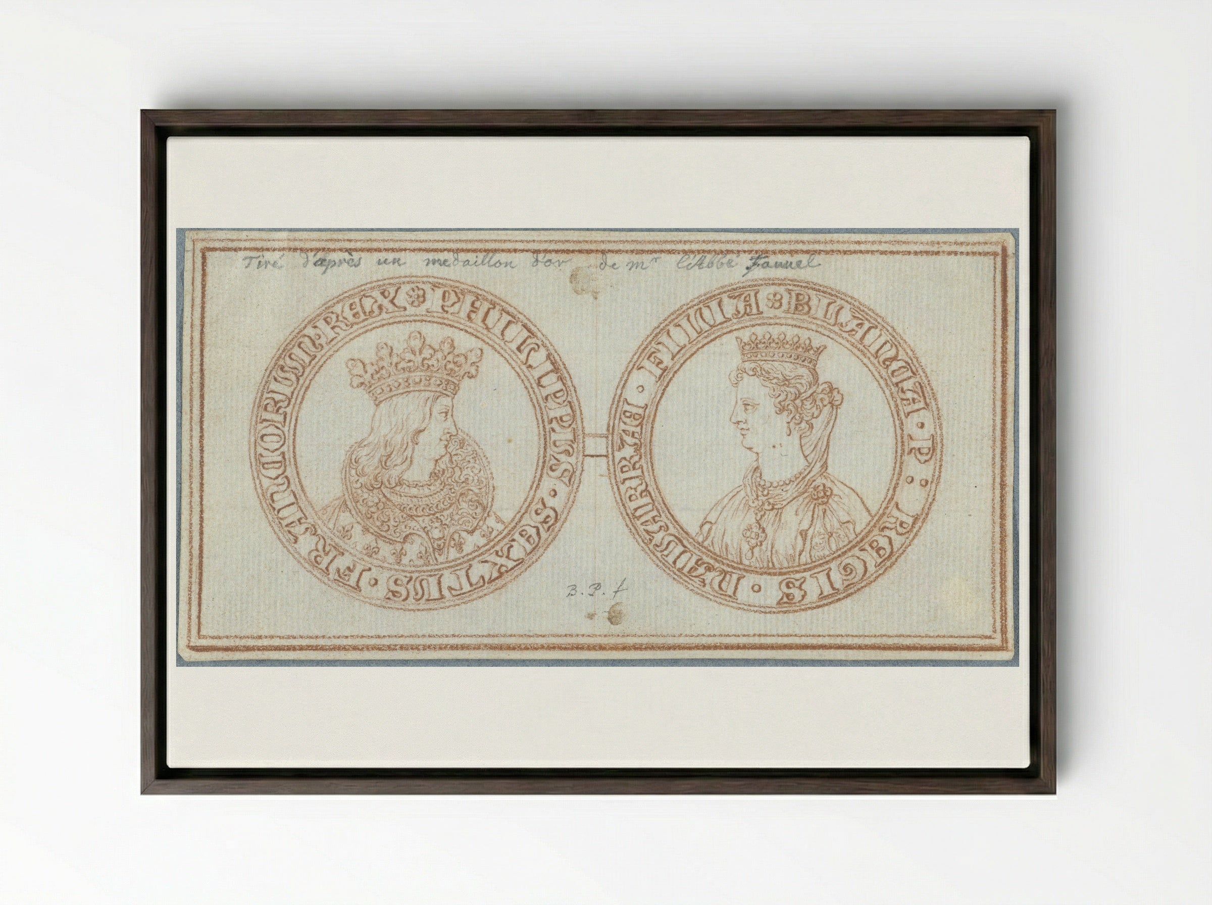 Obverse and Reverse of a Medal with Portraits of Philip VI and Blanche of Navarre - Bernard Picart - Framed Canvas Dark Wood
