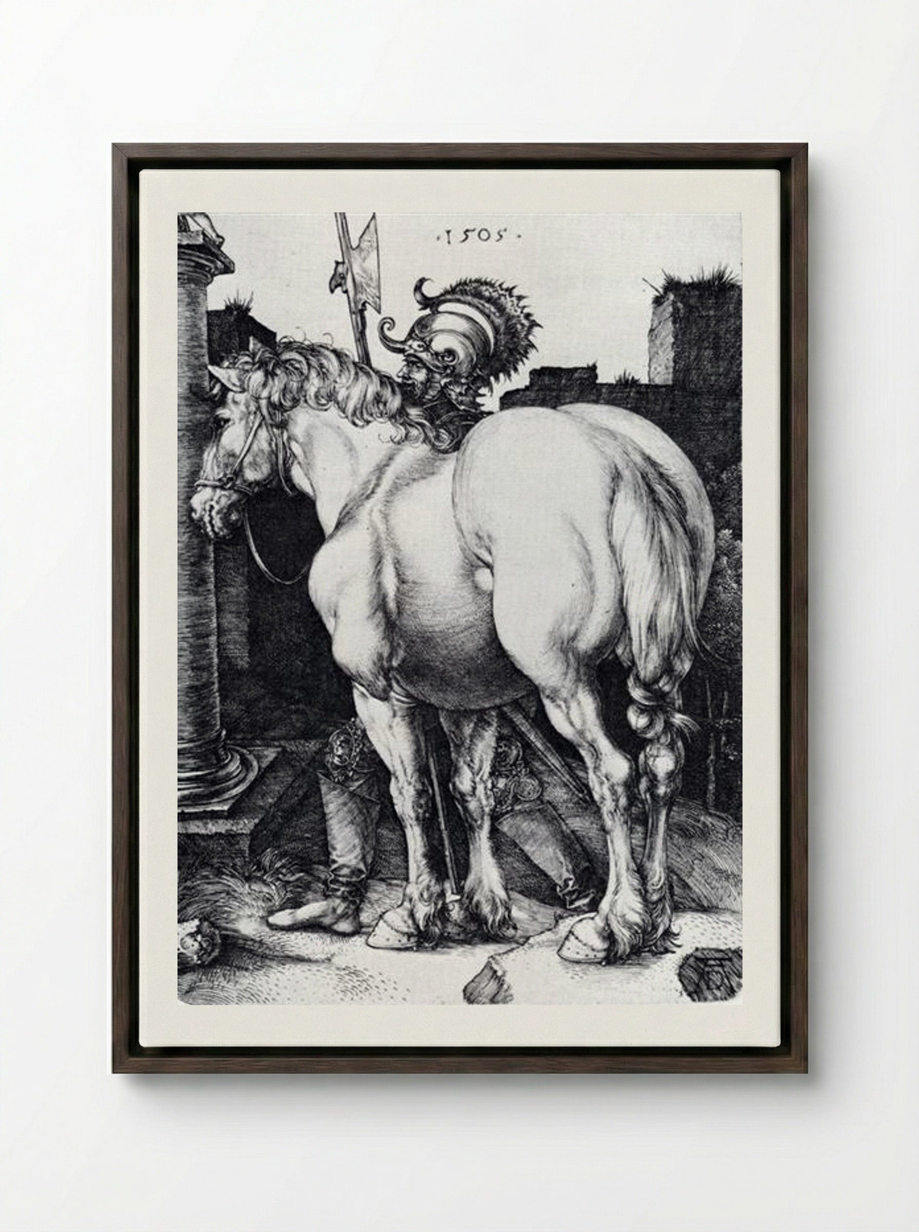 The Large Horse - Albrecht Dürer - Framed Canvas Dark Wood