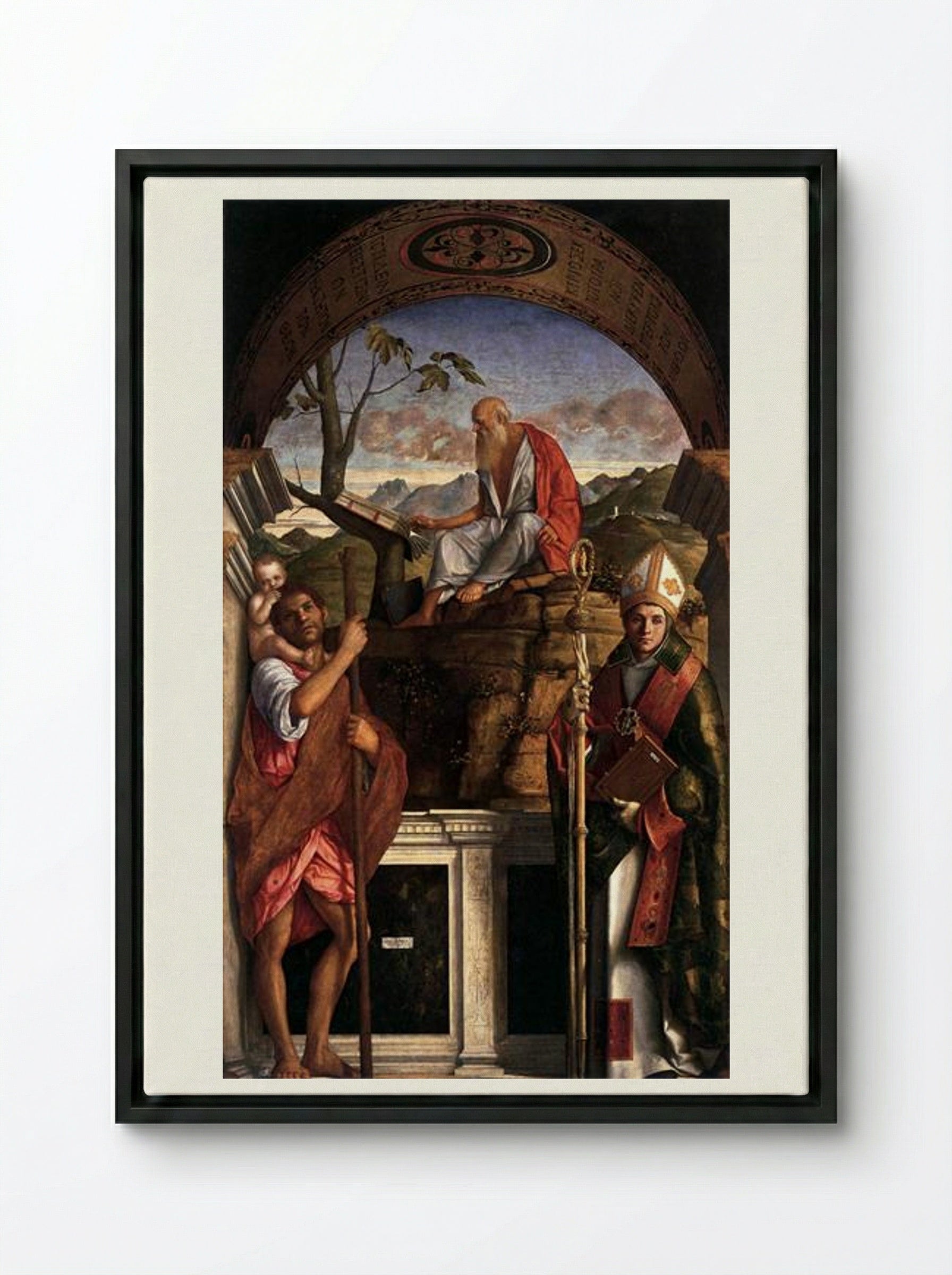 St. Jerome, St. Christopher and St. Augustine - Giovanni Bellini - Framed Canvas Black