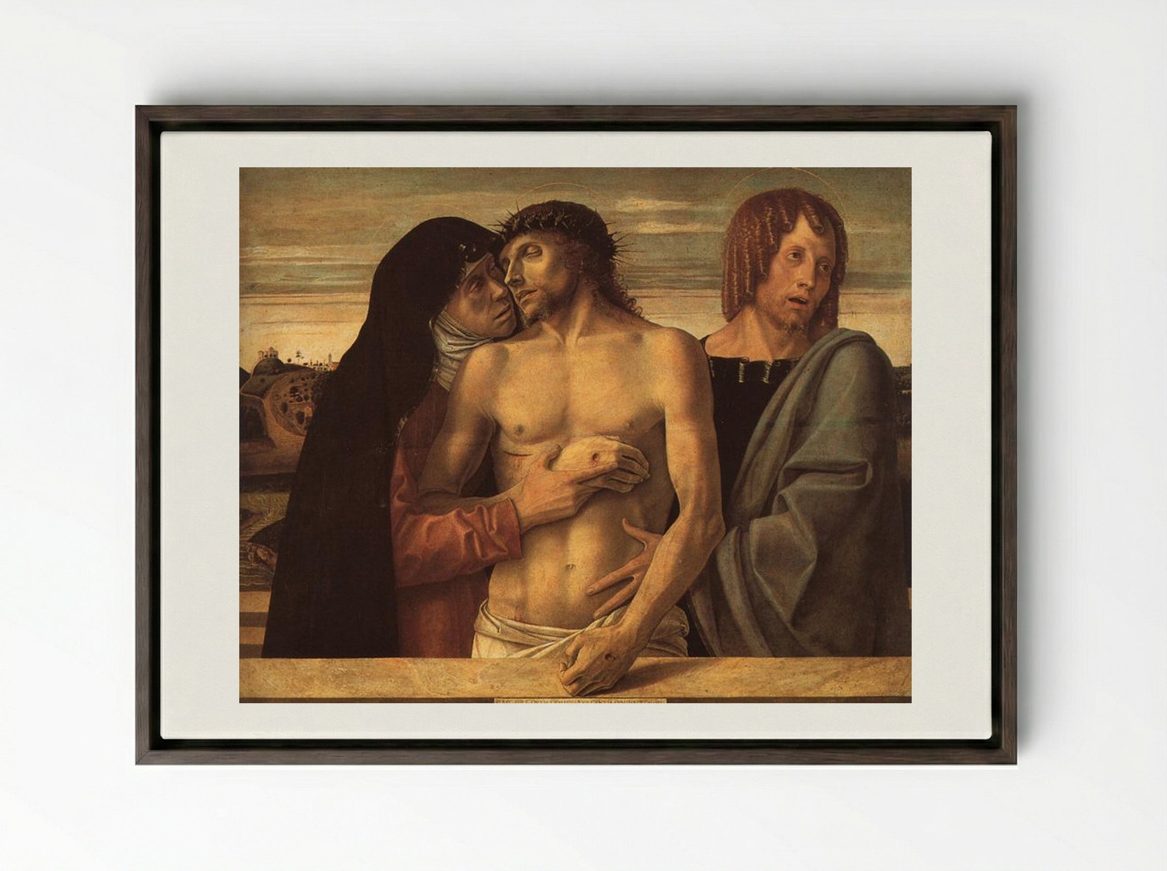 Dead Christ Supported by the Madonna and St. John - Giovanni Bellini - Framed Canvas Dark Wood