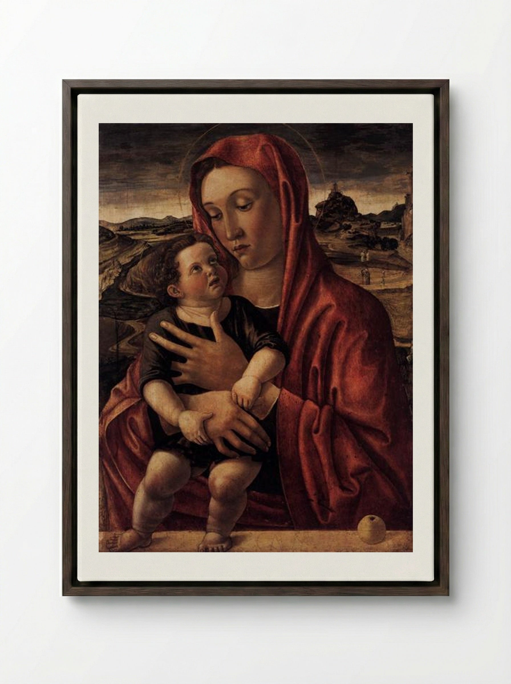 Madonna, with Child Standing on a Parapet - Giovanni Bellini - Framed Canvas Dark Wood