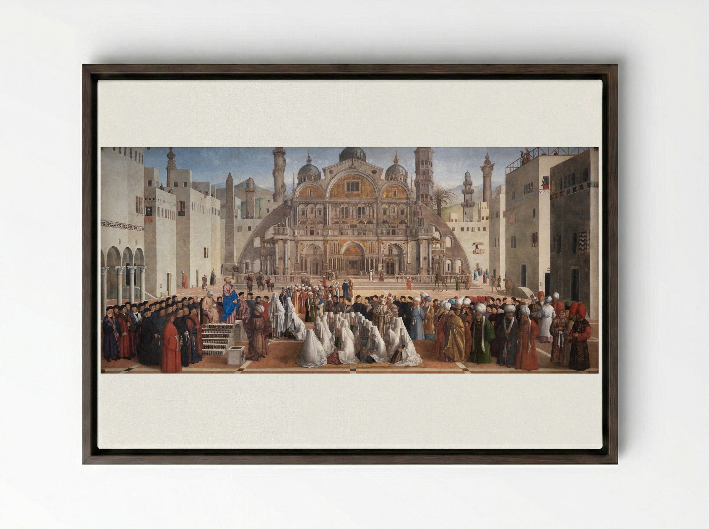 St. Mark Preaching in Alexandria - Giovanni Bellini - Framed Canvas Dark Wood