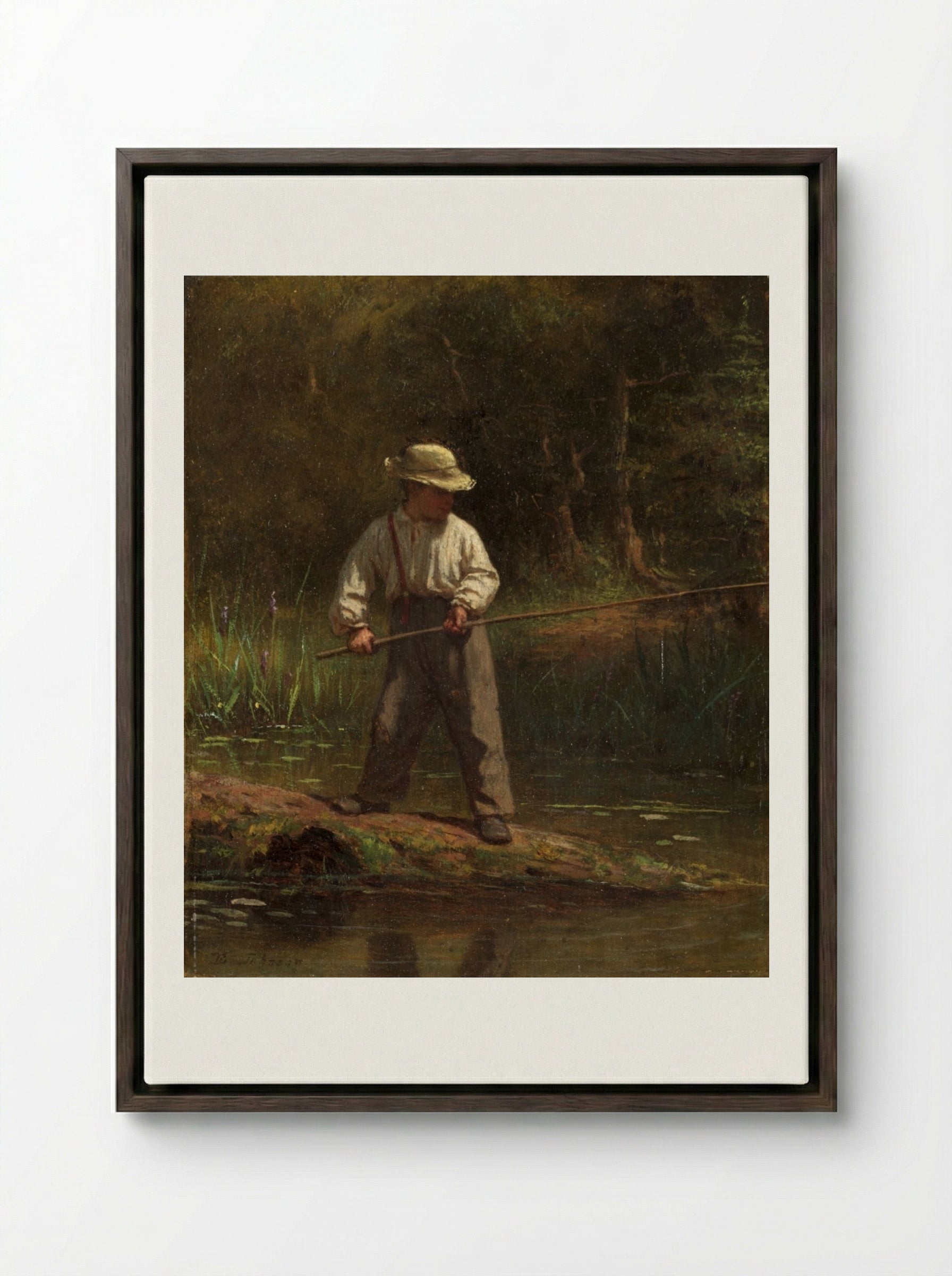 Boy Fishing - Eastman Johnson - Framed Canvas Dark Wood