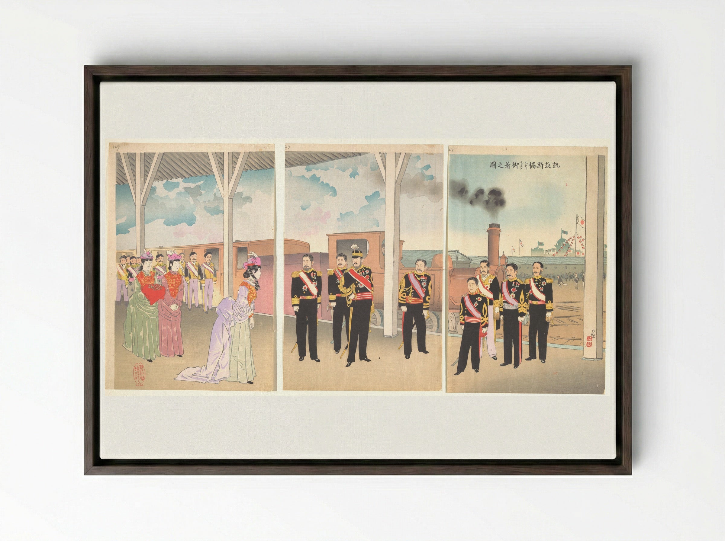 Triumphant Arrival of the Emperor at Shinbashi Station - Kobayashi Kiyochika - Framed Canvas Dark Wood