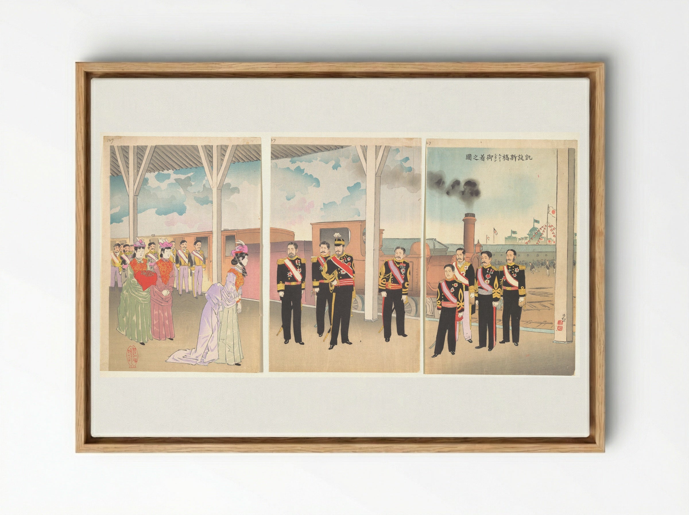 Triumphant Arrival of the Emperor at Shinbashi Station - Kobayashi Kiyochika - Framed Canvas Wood