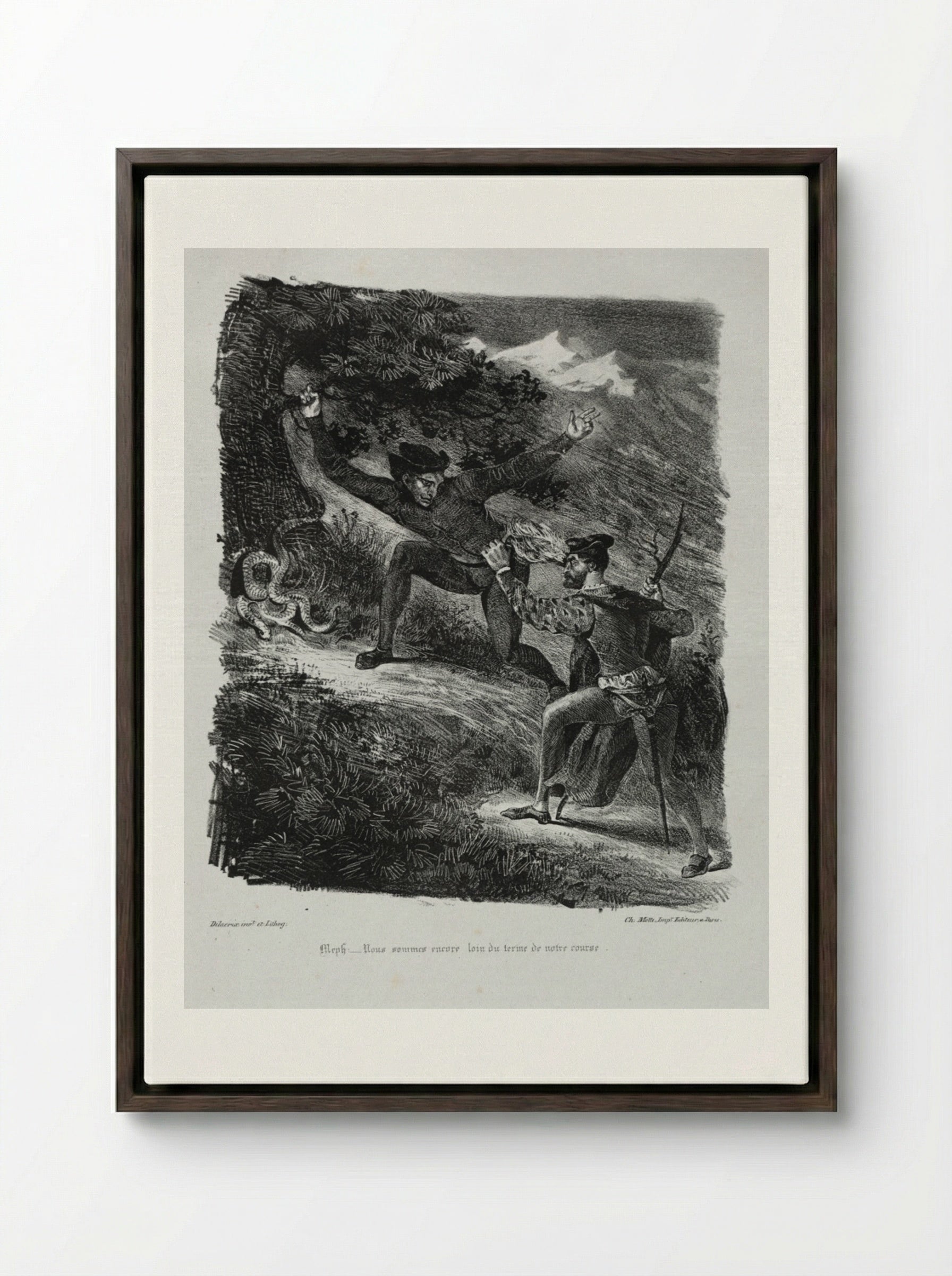 Illustrations for Faust: Faust and Méphistophélés in the mountains of the Hartz - Eugène Delacroix - Framed Canvas Dark Wood