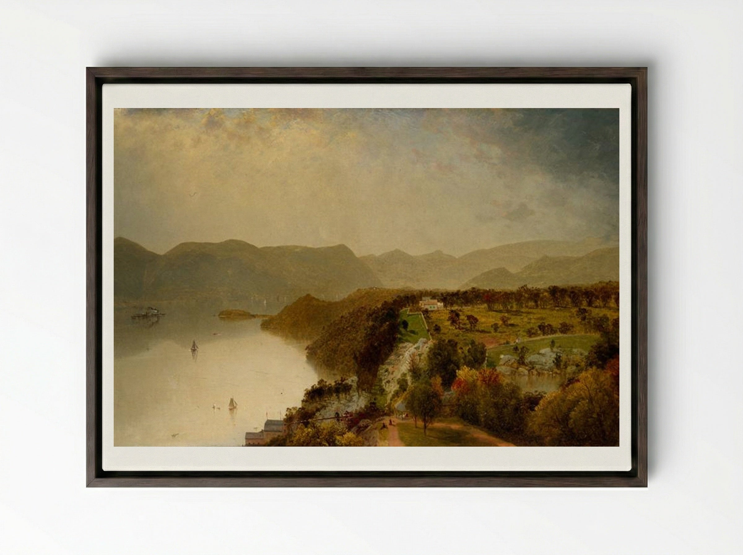 View from Cozzen's Hotel near West Point, N.Y. - John Frederick Kensett - Framed Canvas Dark Wood