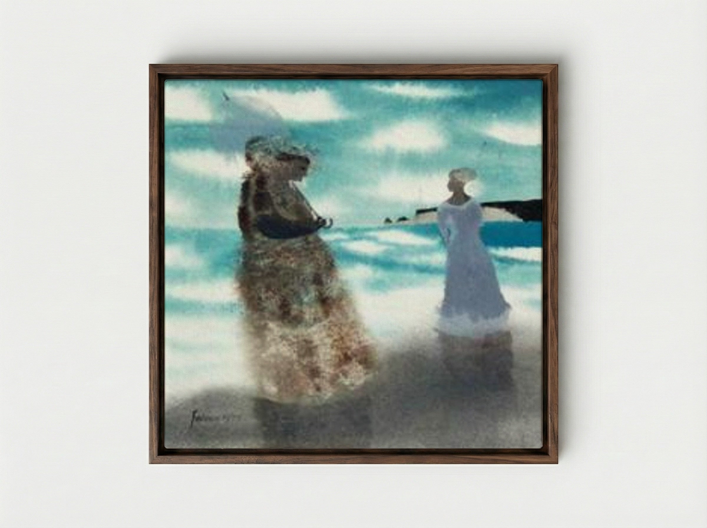 Two Women on the Shore - Mary Fedden - Framed Canvas Dark Wood
