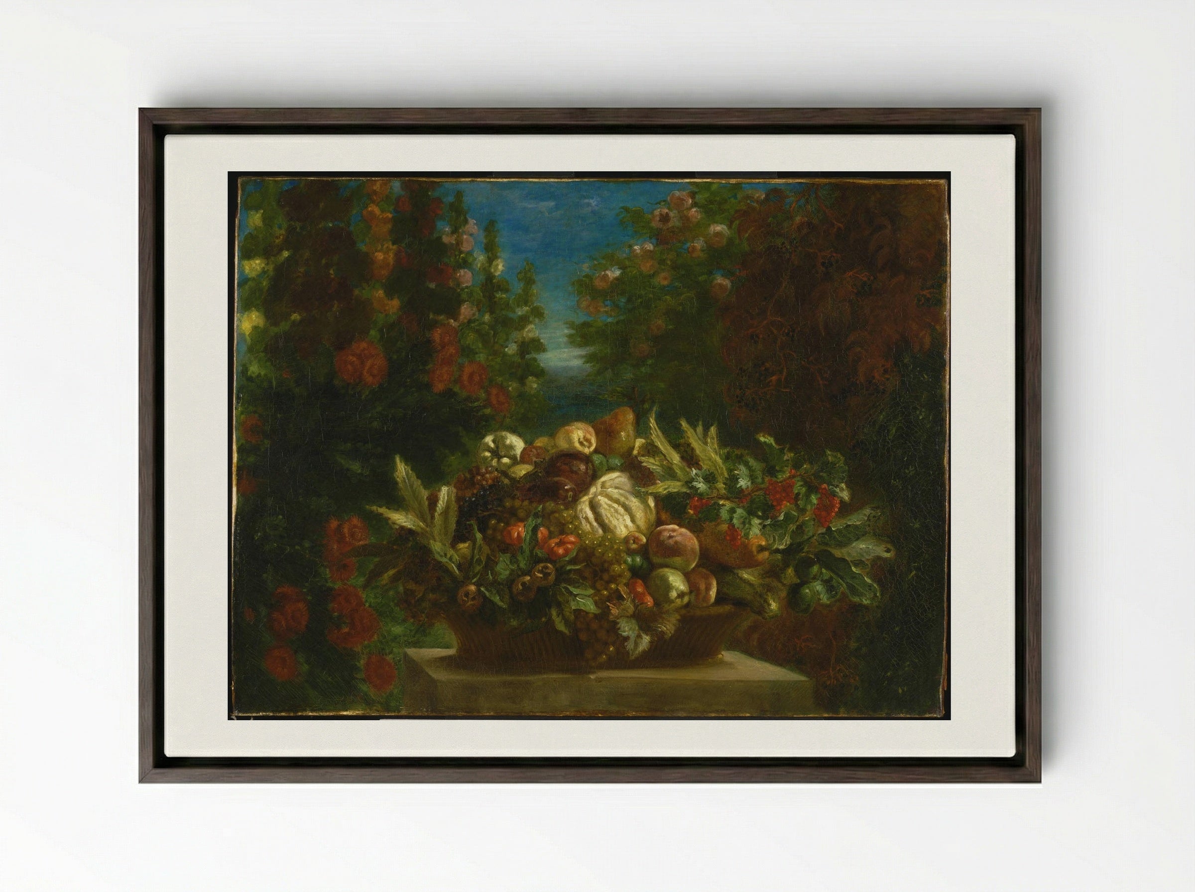 Basket of Flowers - Eugène Delacroix - Framed Canvas Dark Wood