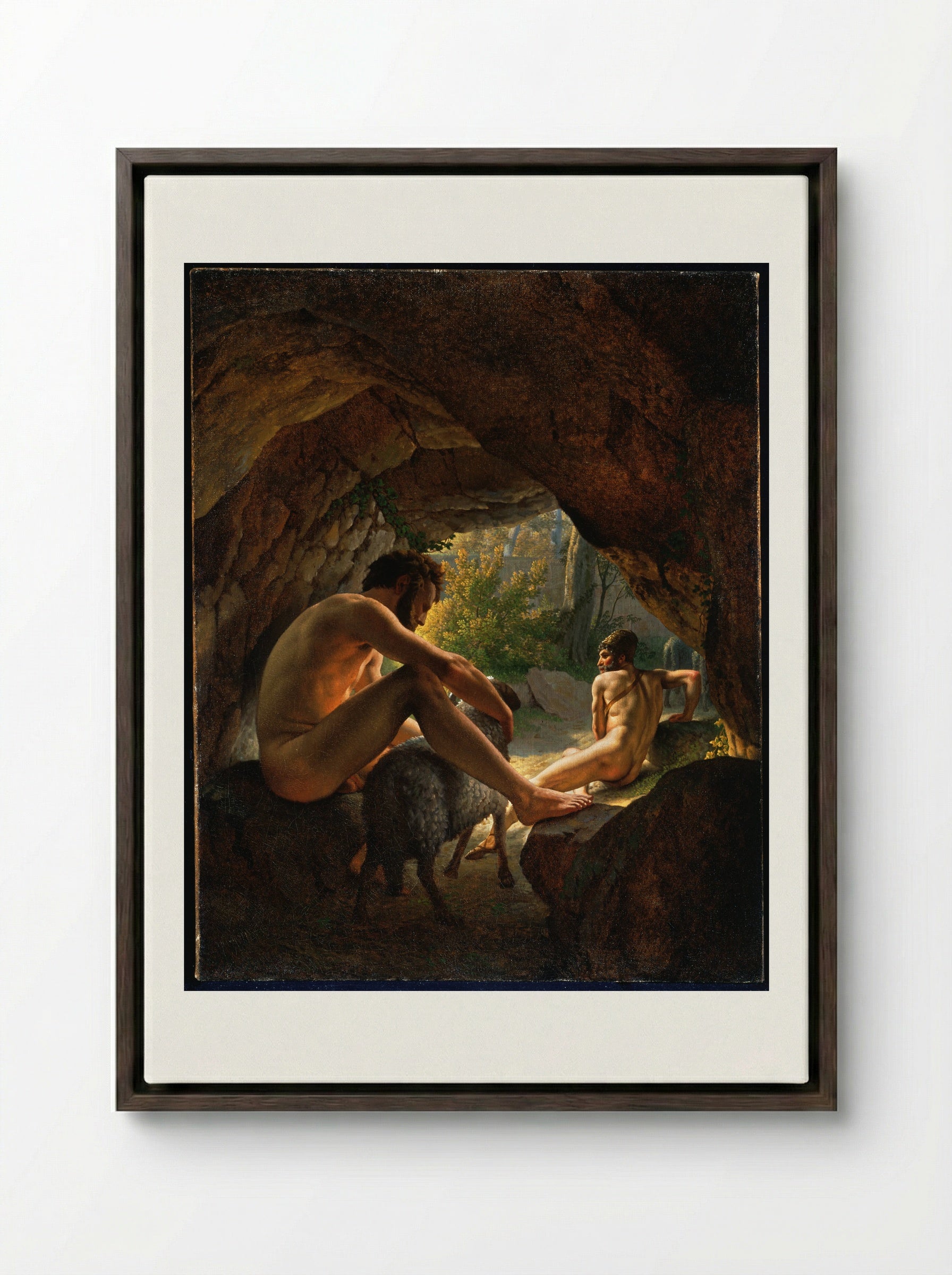Ulysses Fleeing the Cave of Polyphemus - Christoffer Wilhelm Eckersberg - Framed Canvas Dark Wood
