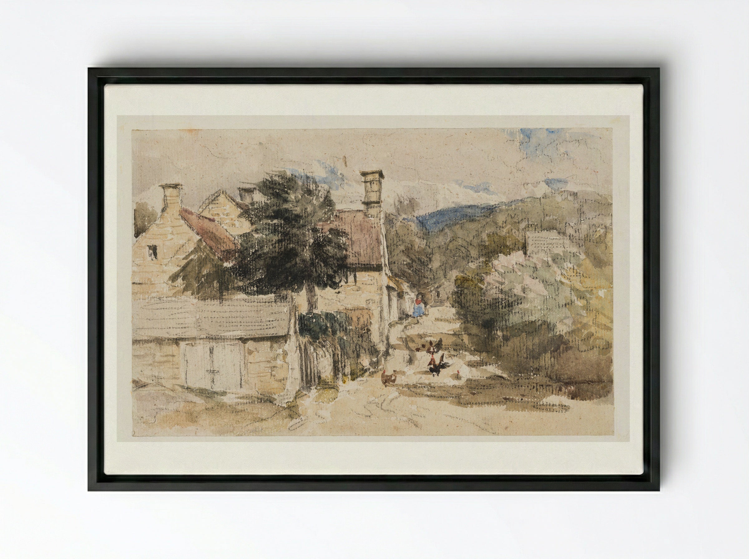 A Village Street in Wales - David Cox - Framed Canvas Black