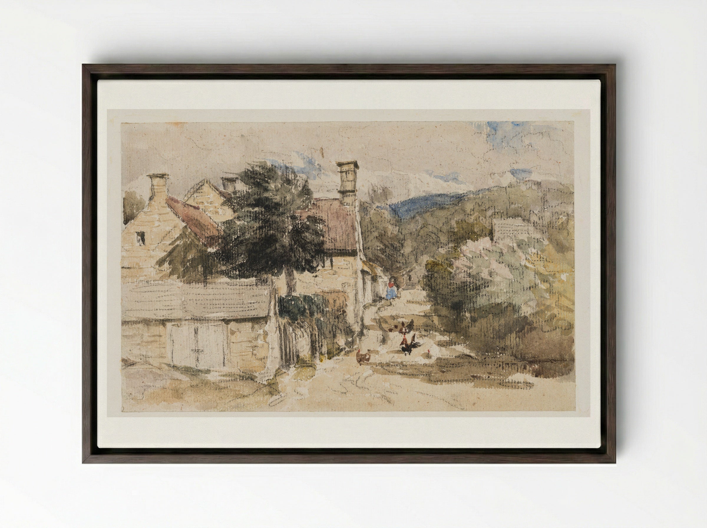 A Village Street in Wales - David Cox - Framed Canvas Dark Wood