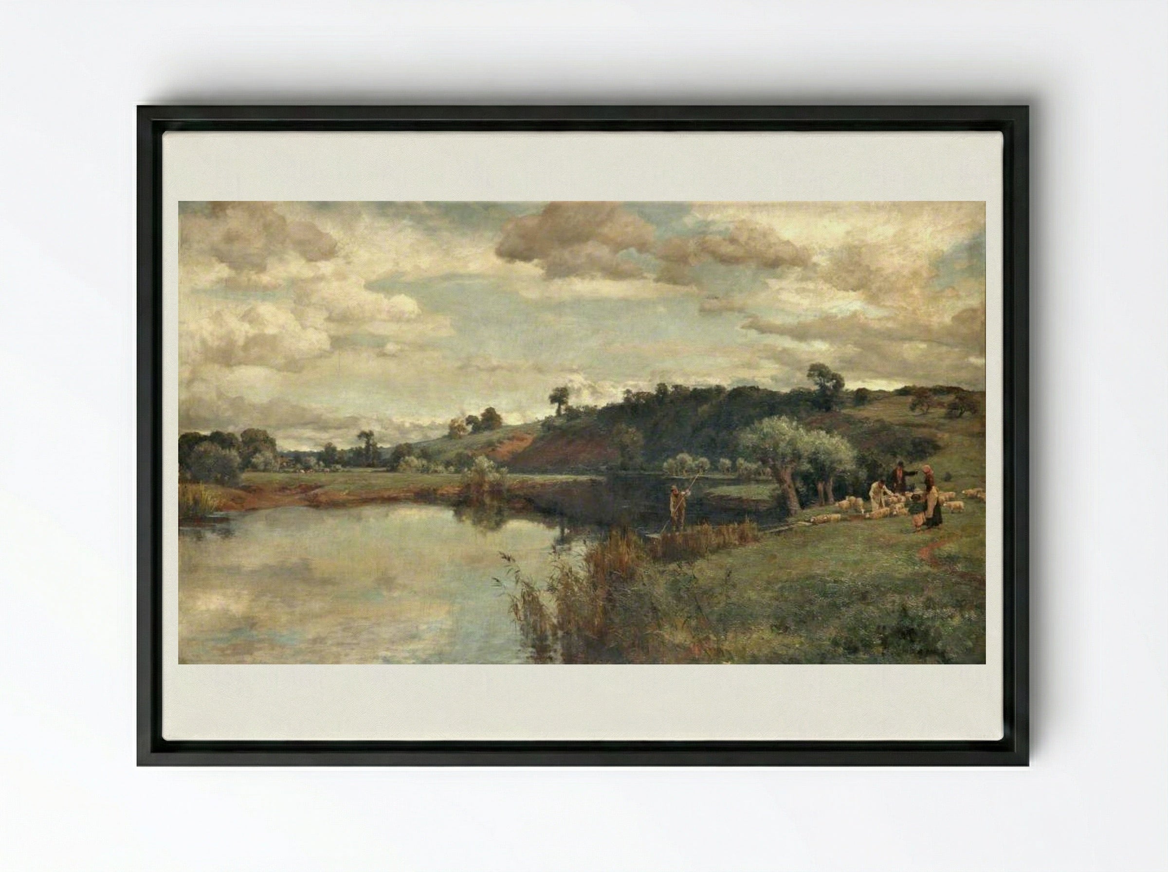 River Scene with a Shepherd and Sheep by a Ferry - Alfred Parsons - Framed Canvas Black