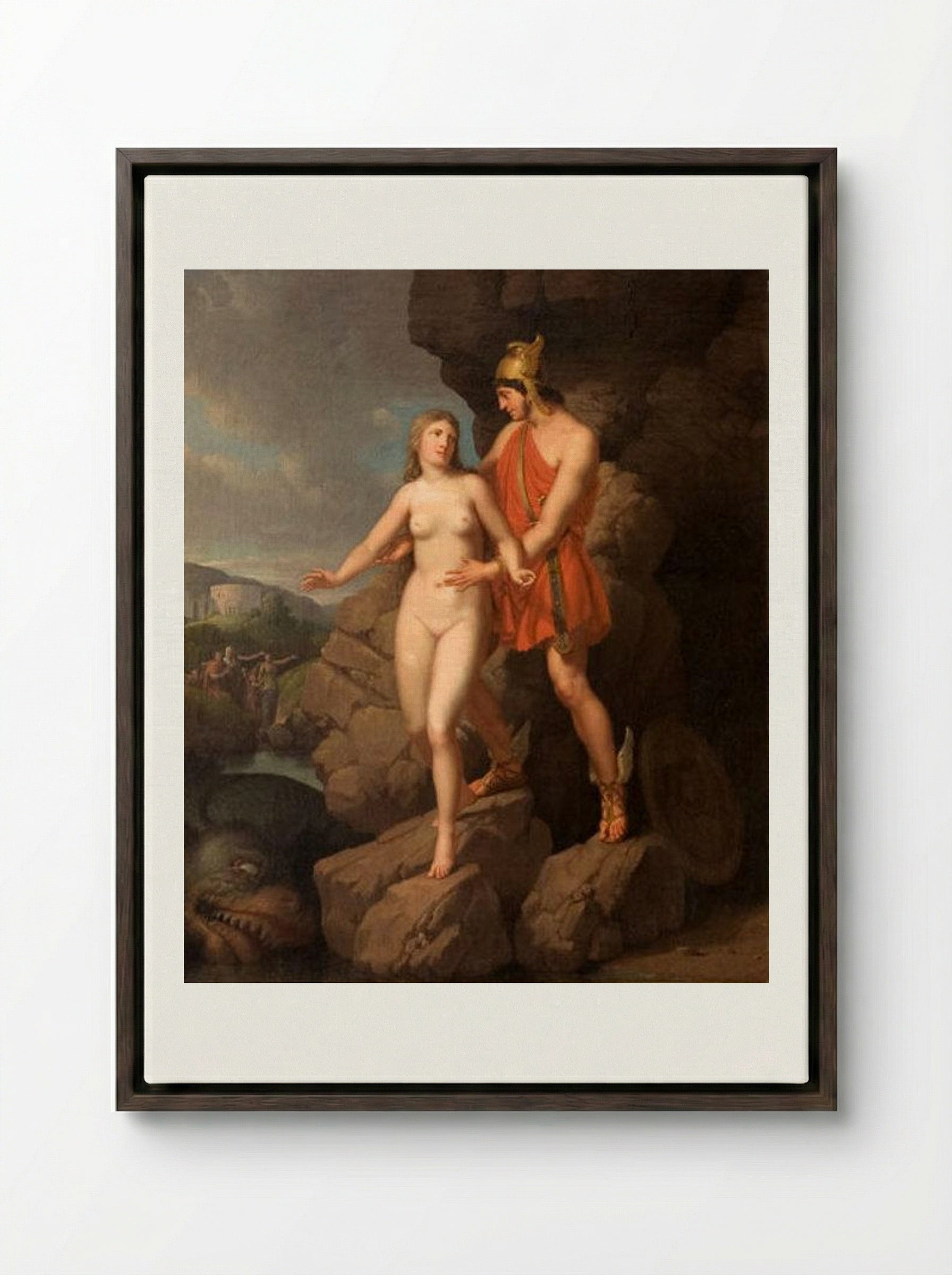 Perseus Delivering Andromeda - Christoffer Wilhelm Eckersberg - Framed Canvas Dark Wood