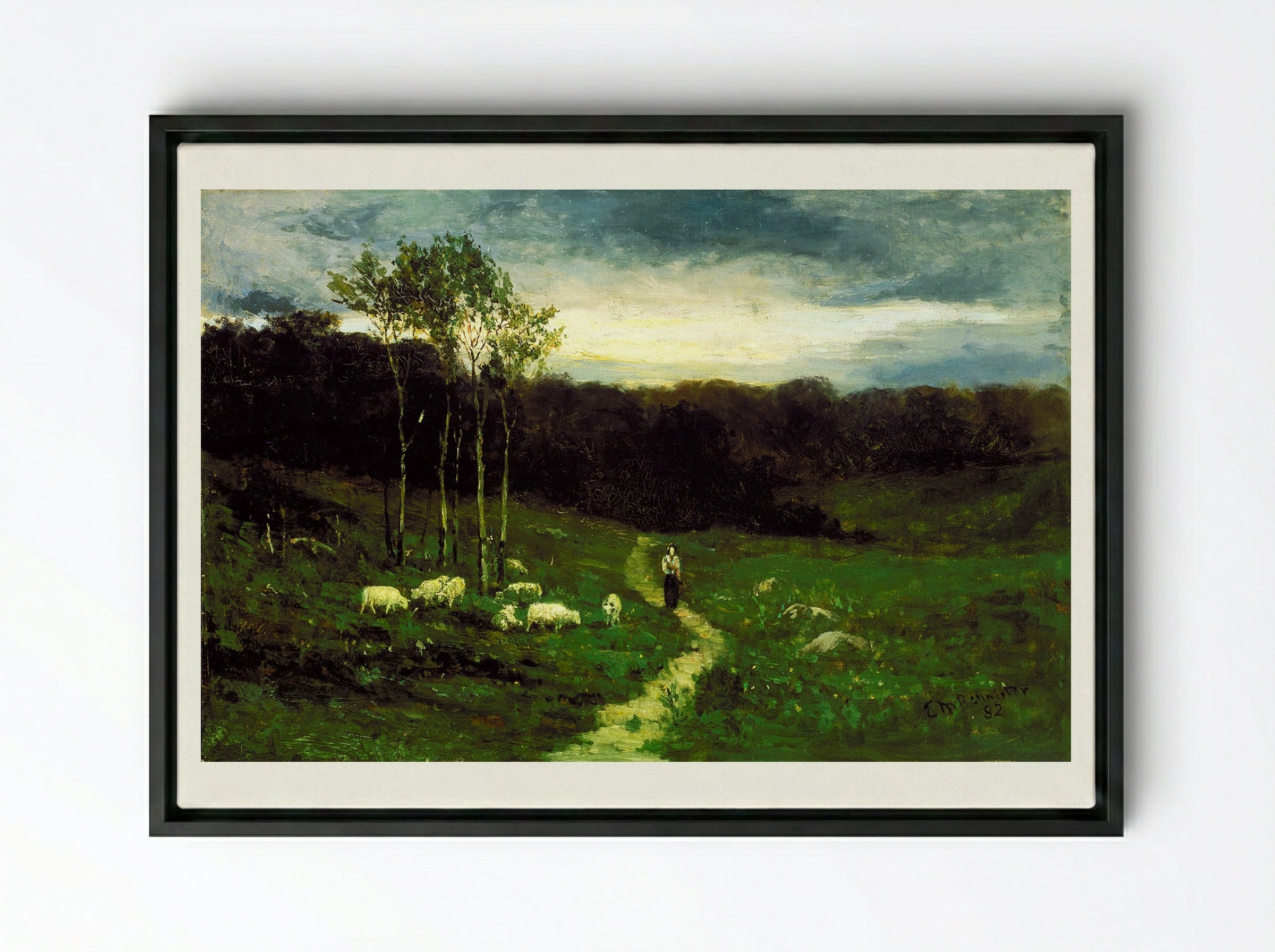 Landscape with Woman Walking on Path - Edward Mitchell Bannister - Framed Canvas Black