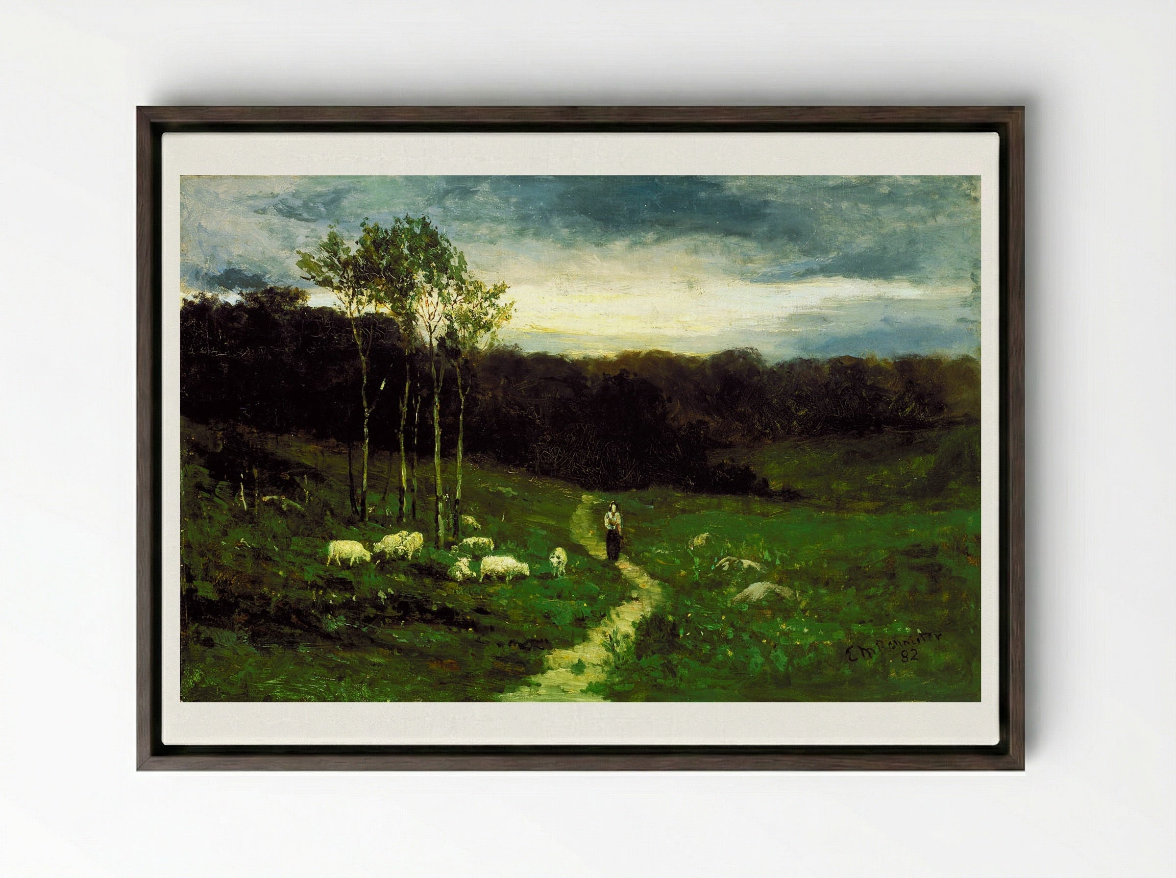Landscape with Woman Walking on Path - Edward Mitchell Bannister - Framed Canvas Dark Wood