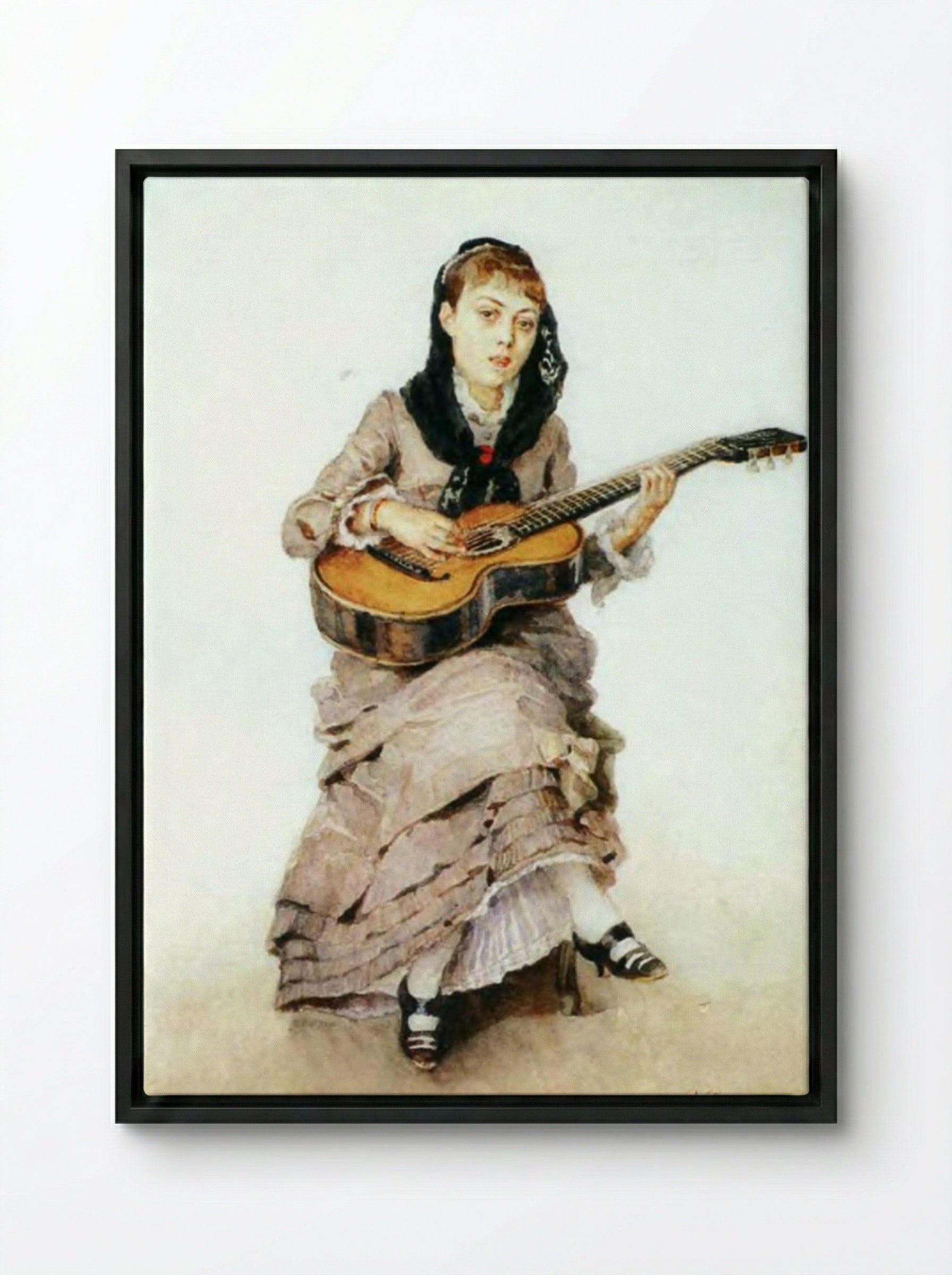 Portrait of Princess S. A. Kropotkina with Guitar - Vasily Surikov - Framed Canvas Black