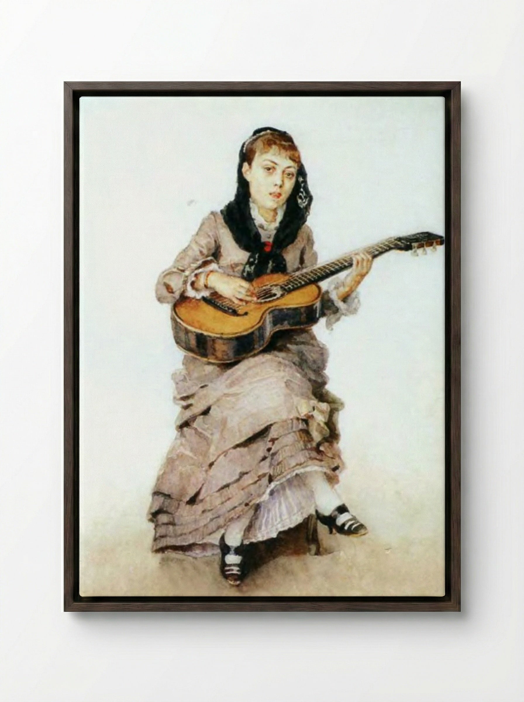 Portrait of Princess S. A. Kropotkina with Guitar - Vasily Surikov - Framed Canvas Dark Wood