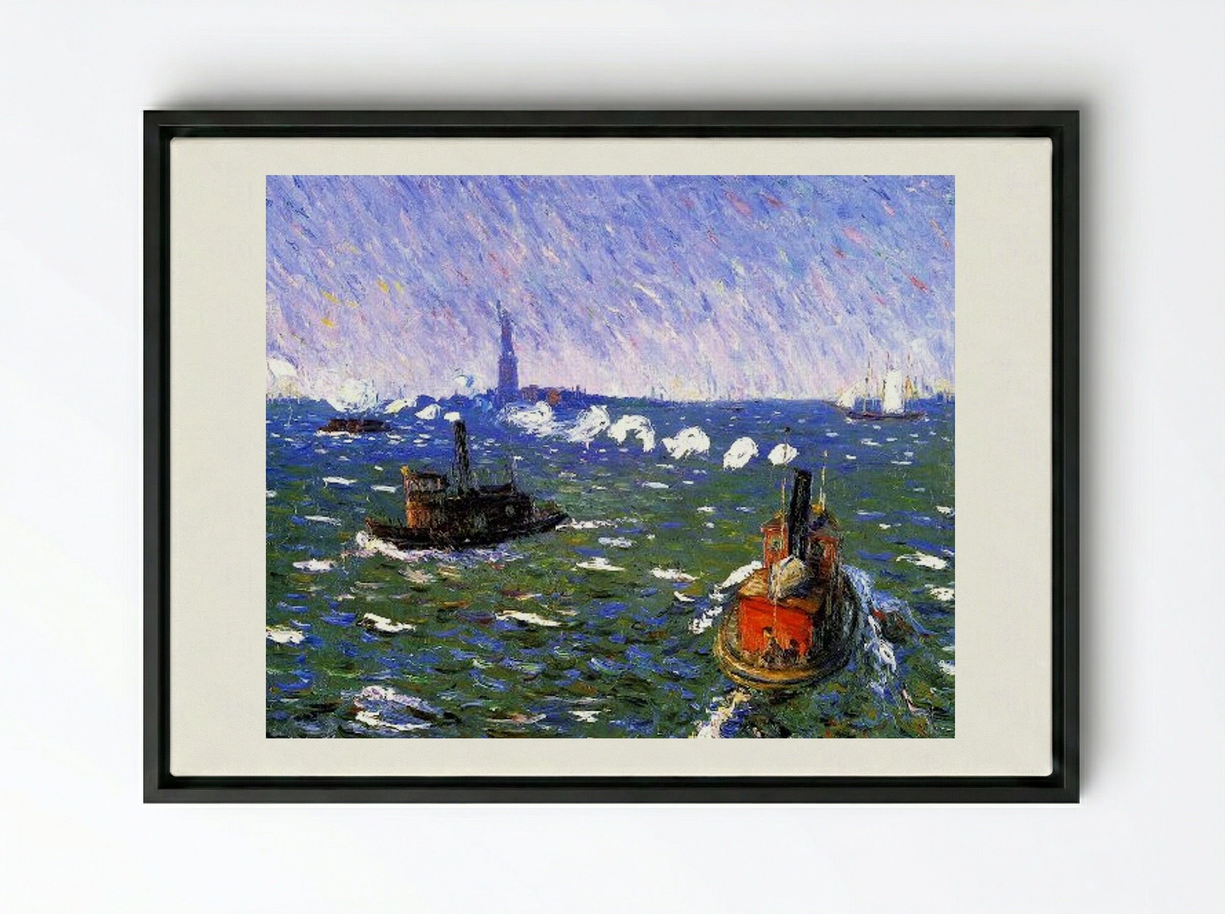 Breezy Day, Tugboats, New York Harbor - William James Glackens - Framed Canvas Black