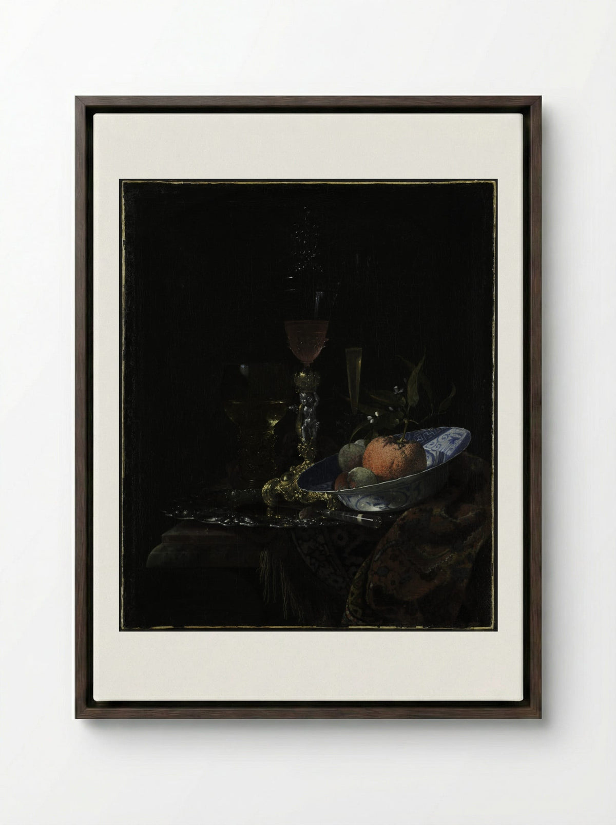 Still-Life with Chinese Porcelain Bowl - Willem Kalf - Framed Canvas Dark Wood
