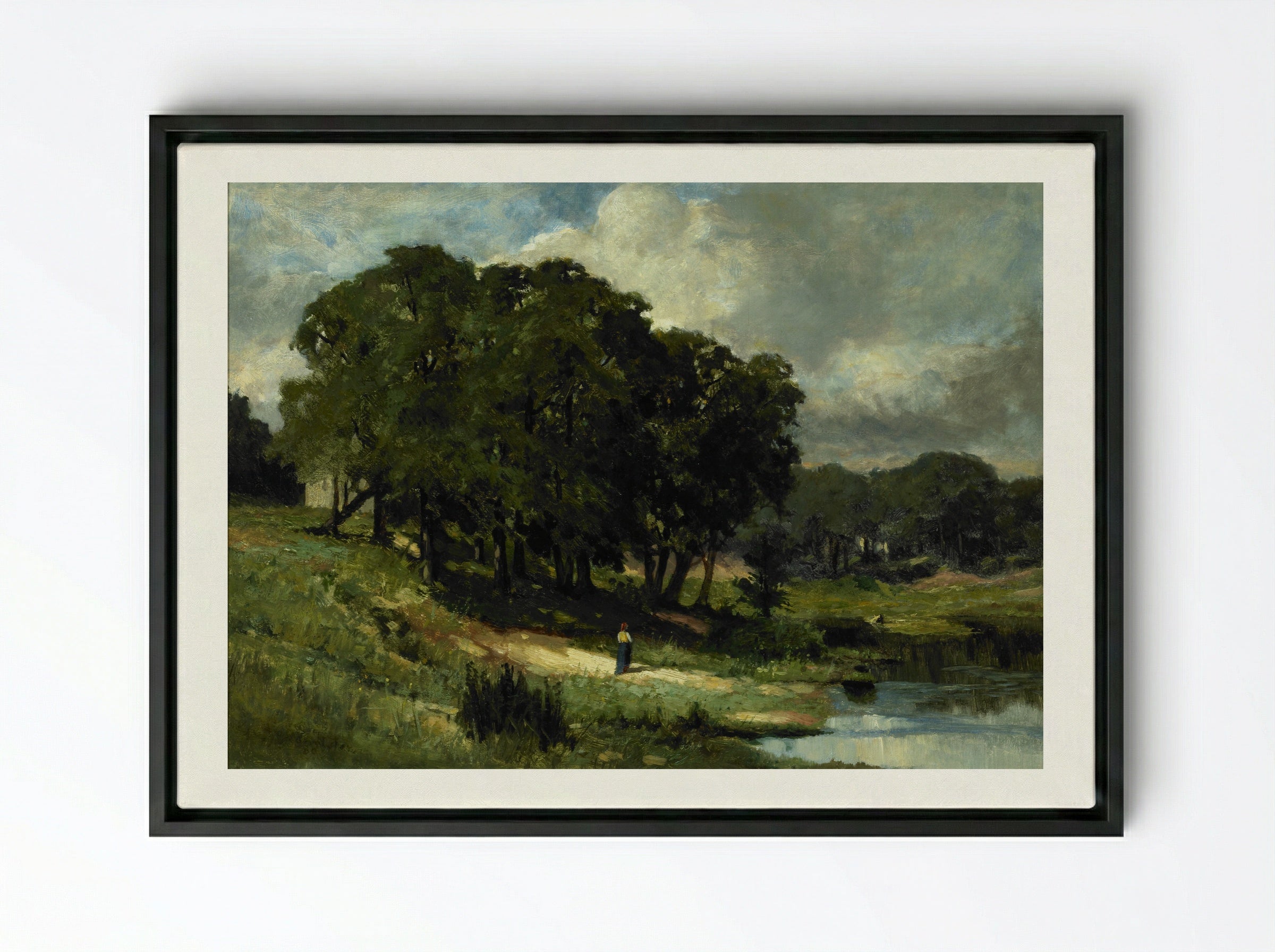 Woman Standing Near a Pond - Edward Mitchell Bannister - Framed Canvas Black