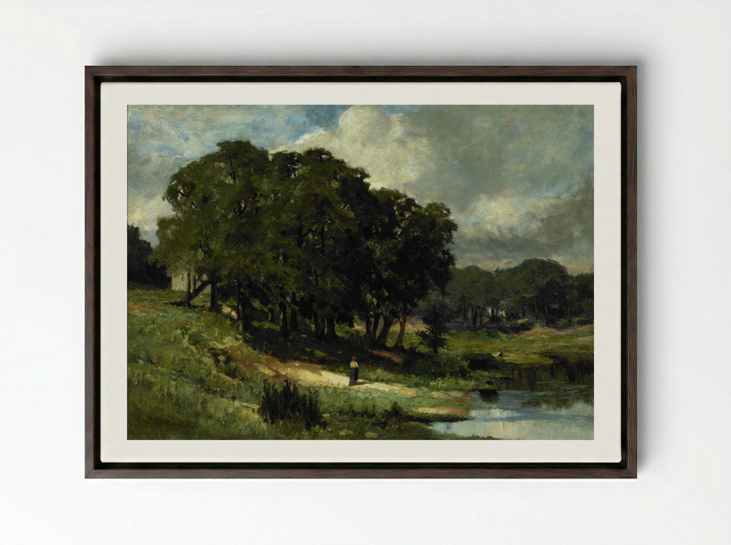 Woman Standing Near a Pond - Edward Mitchell Bannister - Framed Canvas Dark Wood