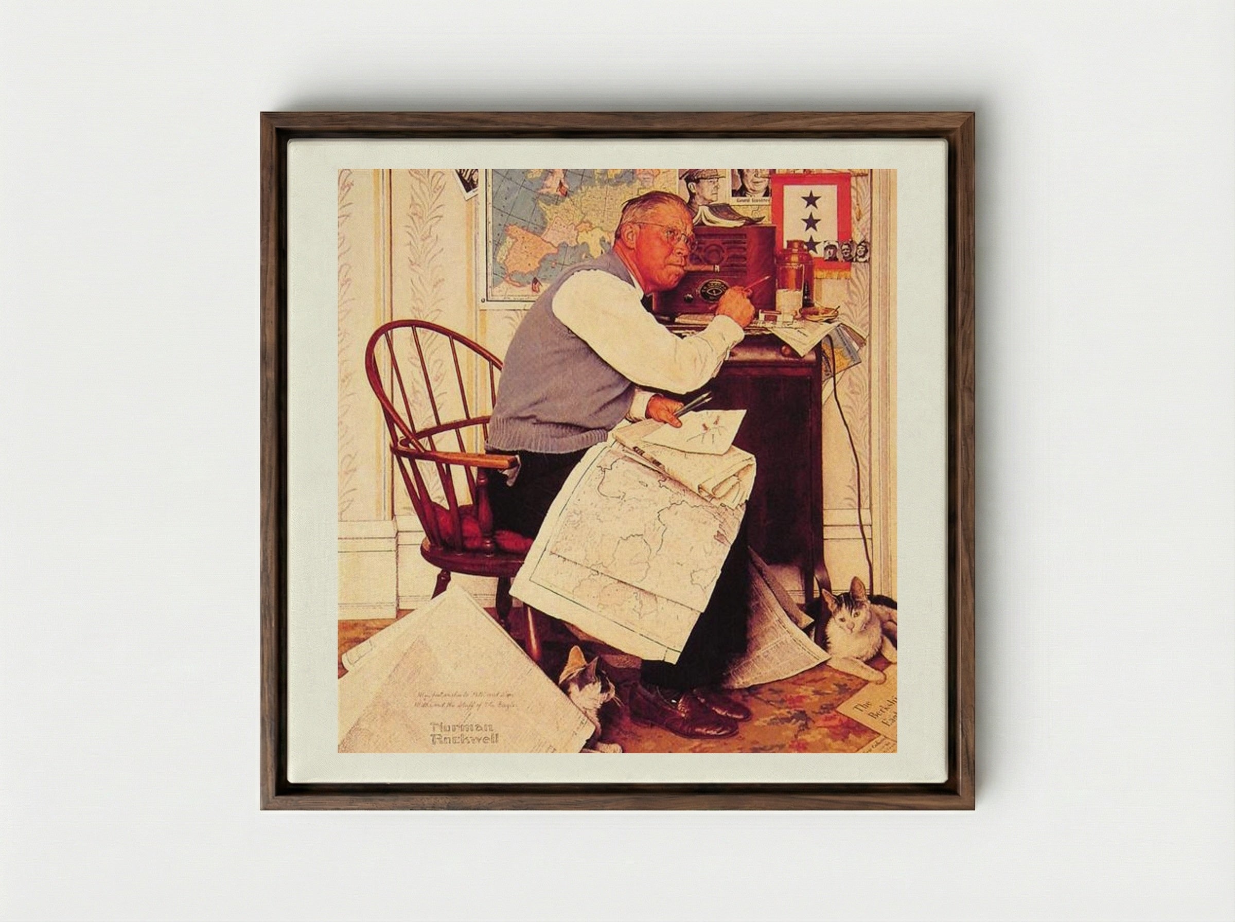 Man Charting War Maneuvers - Norman Rockwell - Framed Canvas Dark Wood