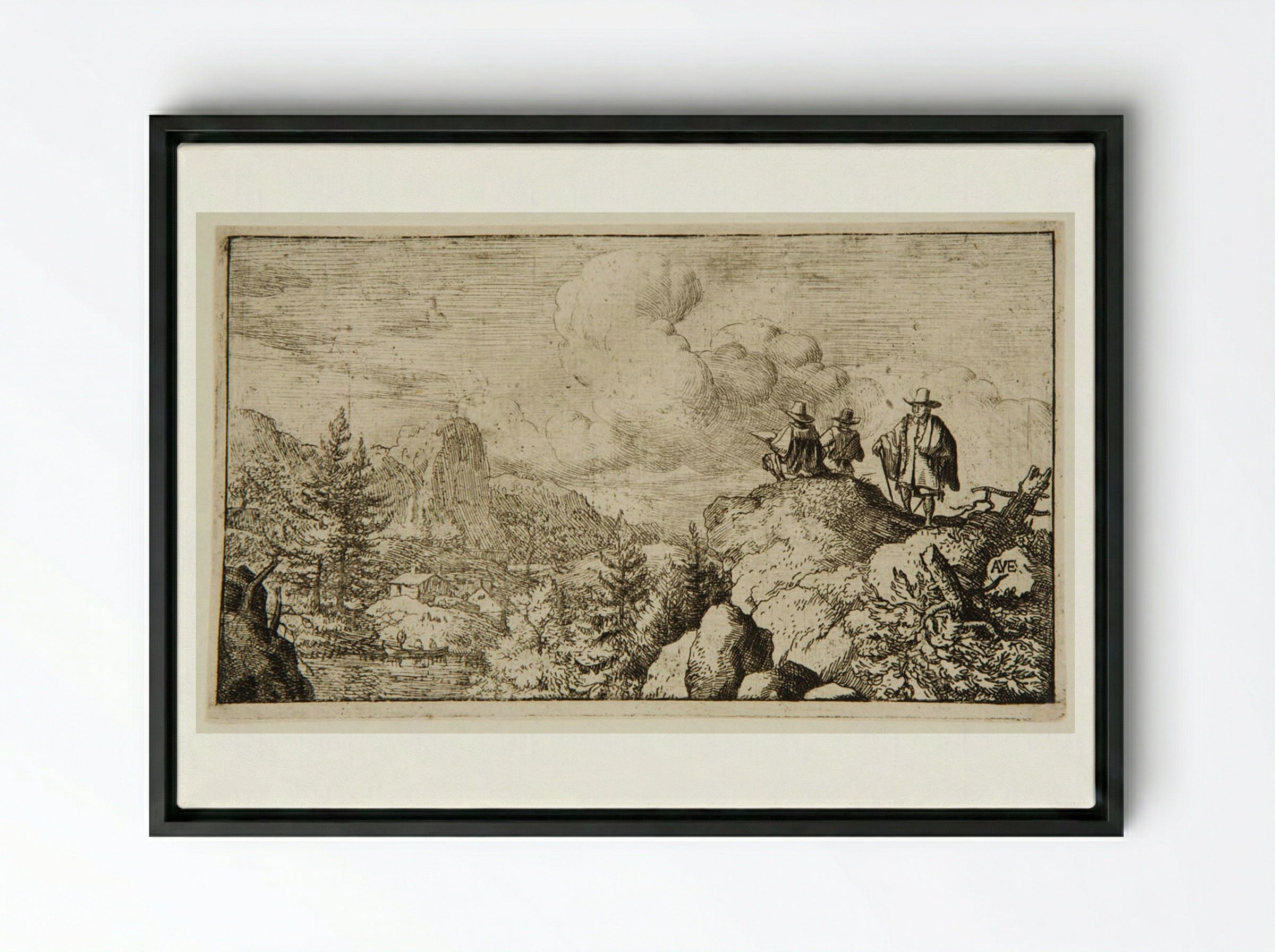 Watermill at the Foot of a Mountain, an Artist Sketching - Allart van Everdingen - Framed Canvas Black
